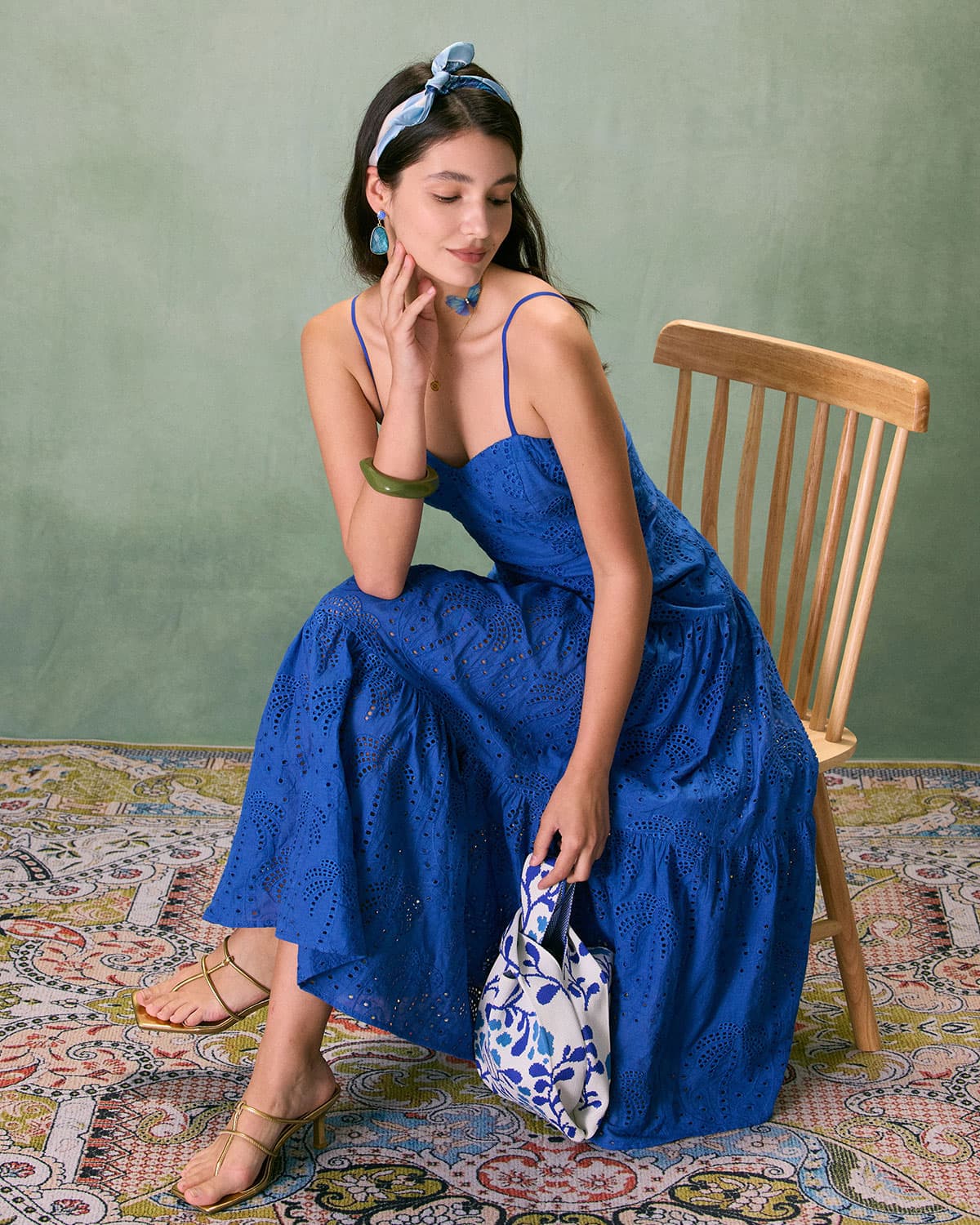 The Blue Sweetheart Neck Embroidery Slip Midi Dress - Image 3