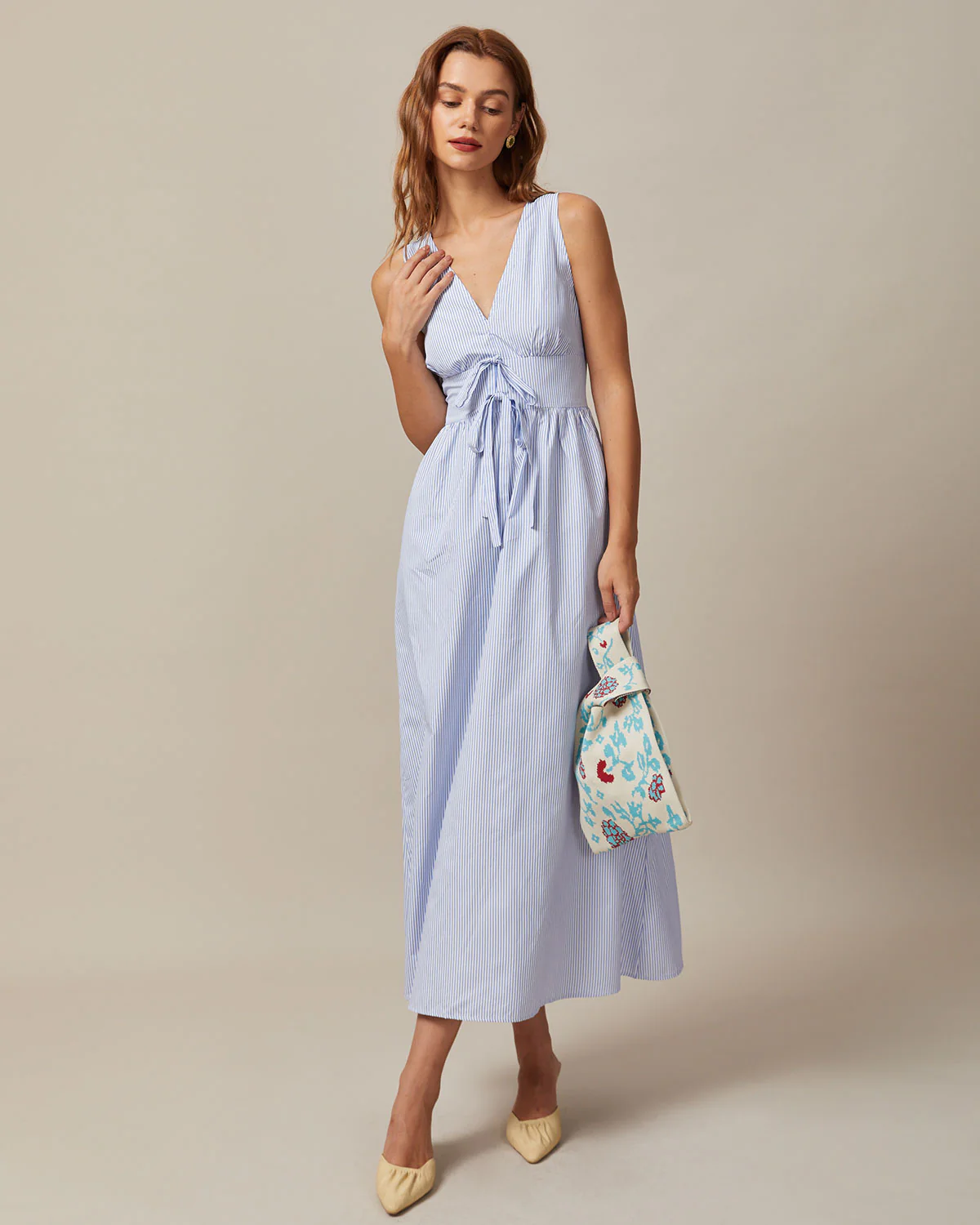 The Blue V Neck Shirred Striped Maxi Dress - Image 4