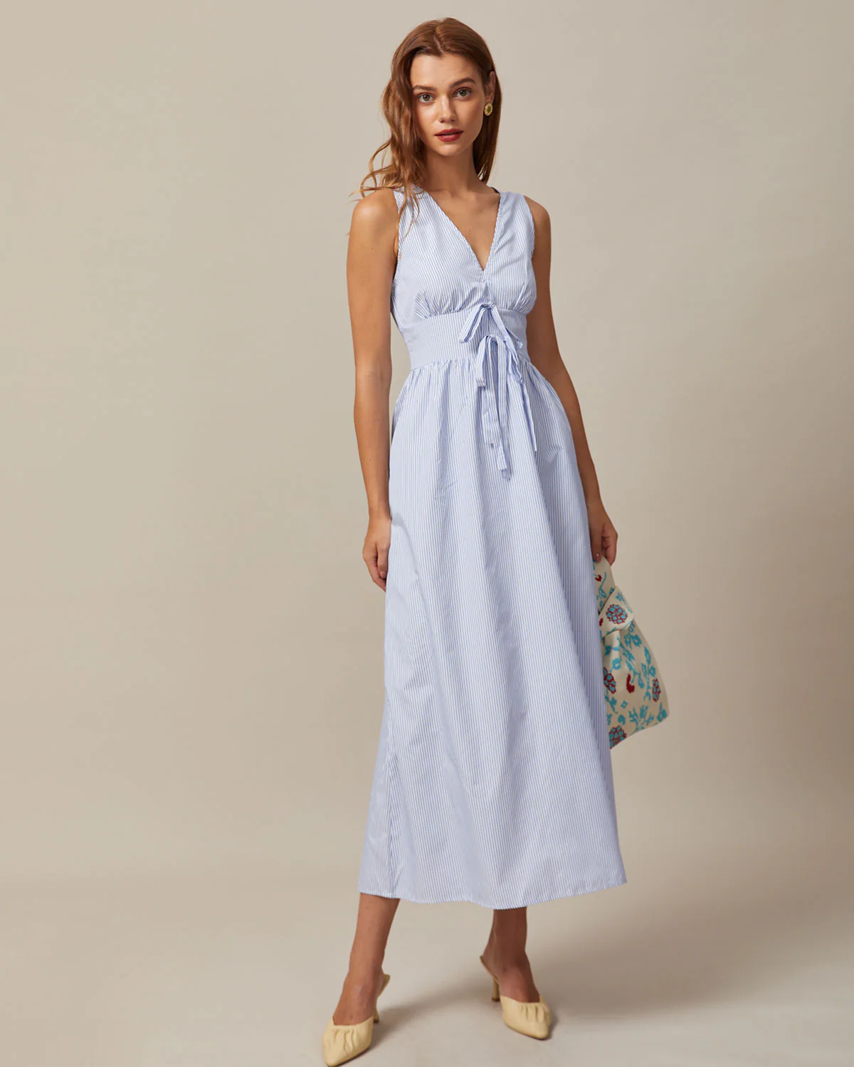 The Blue V Neck Shirred Striped Maxi Dress - Image 5
