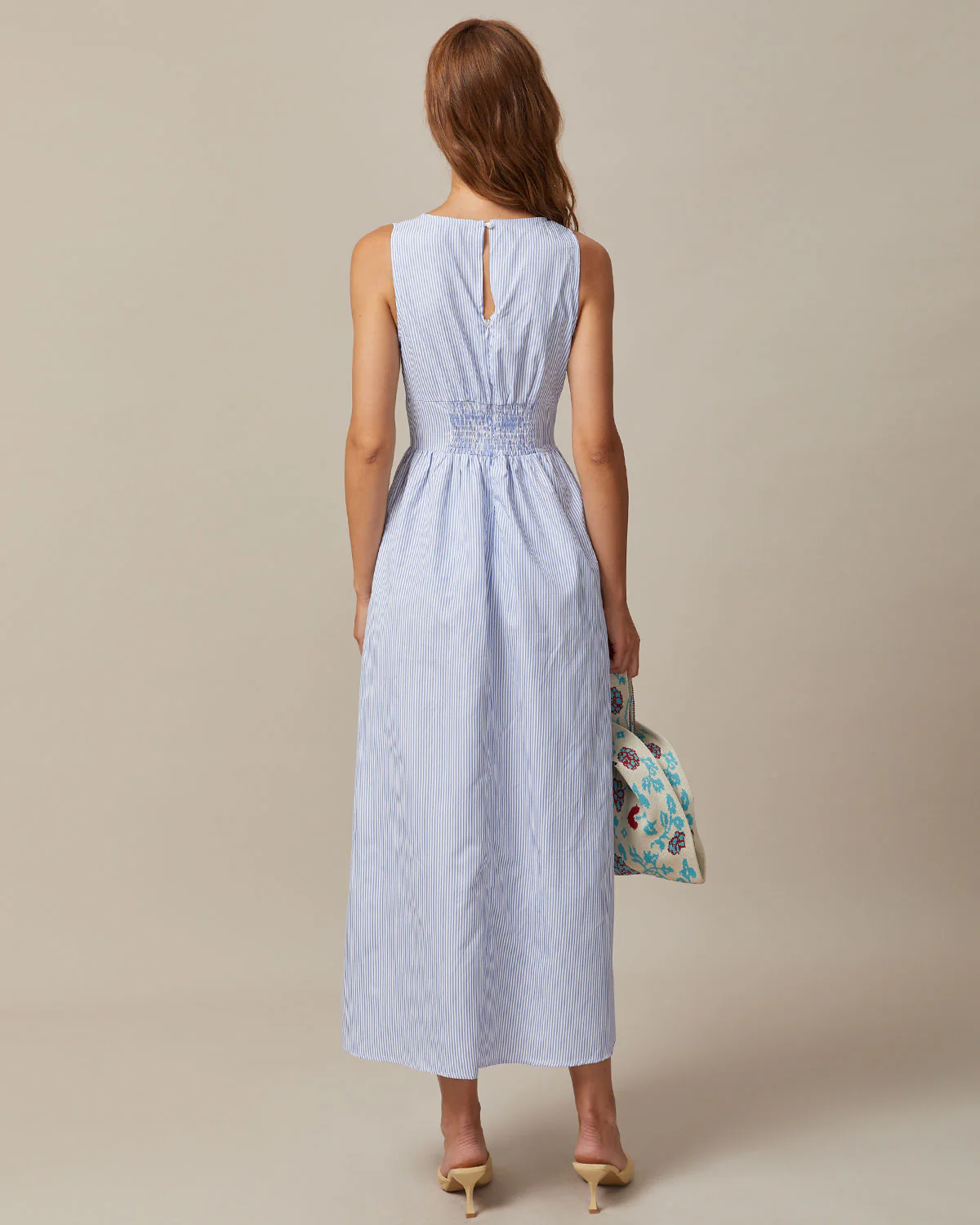 The Blue V Neck Shirred Striped Maxi Dress - Image 6