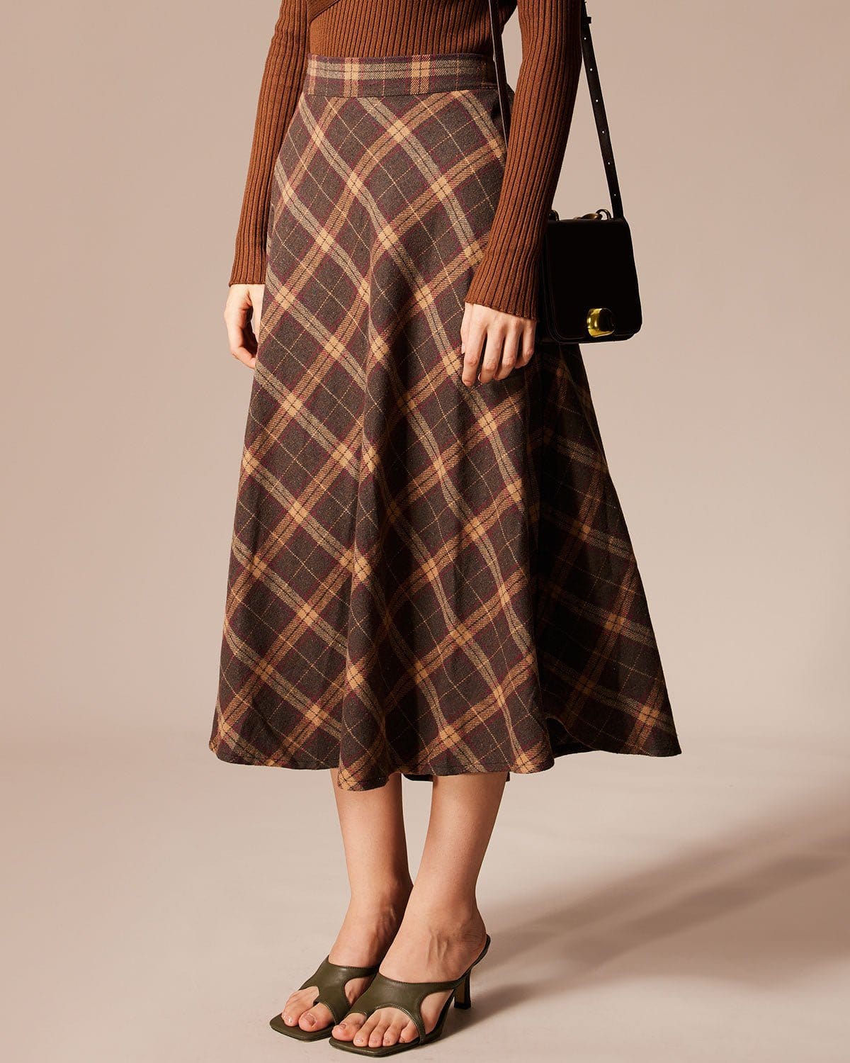 The Brown Elastic Waist Plaid A-Line Midi Skirt - Image 3