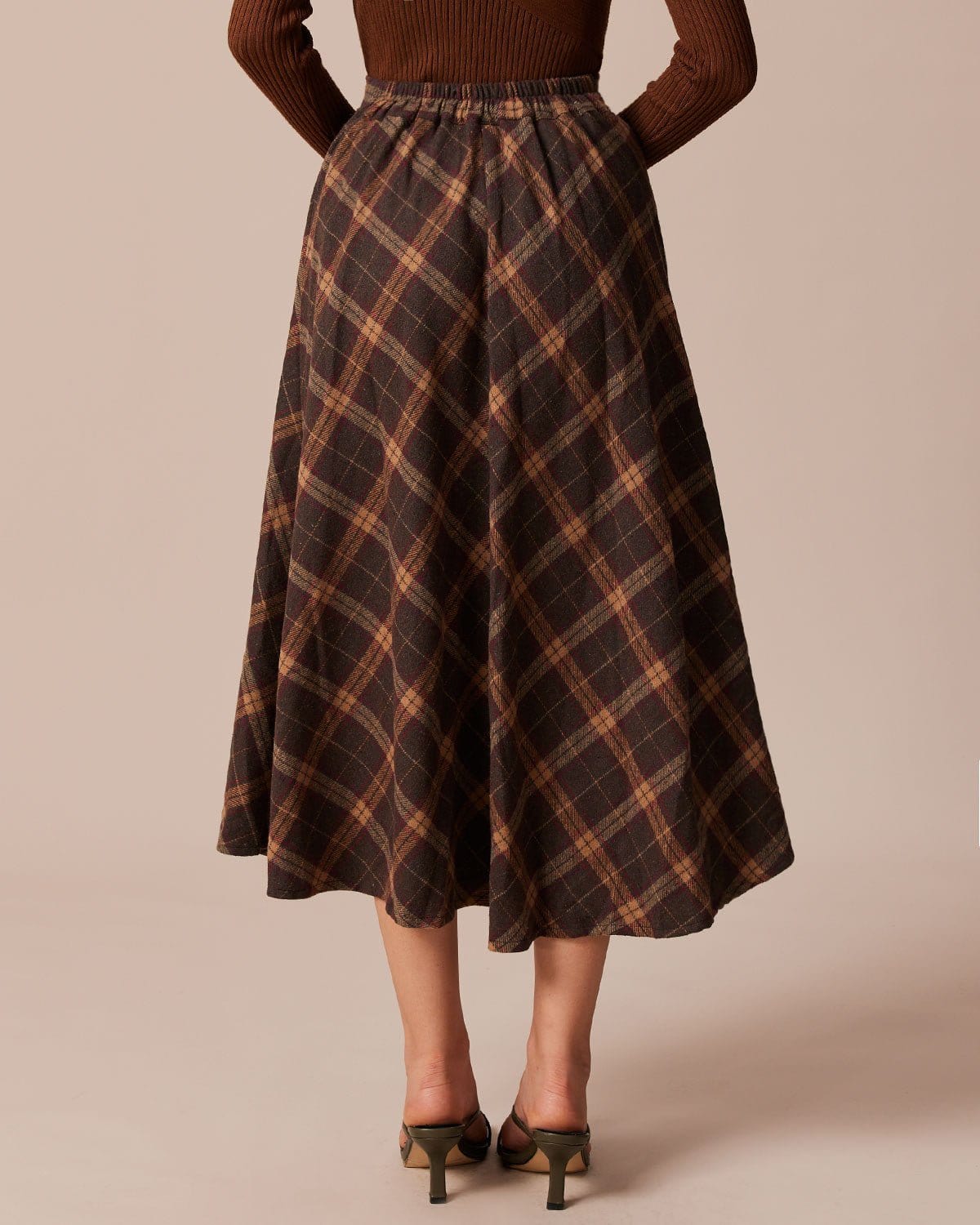The Brown Elastic Waist Plaid A-Line Midi Skirt - Image 5