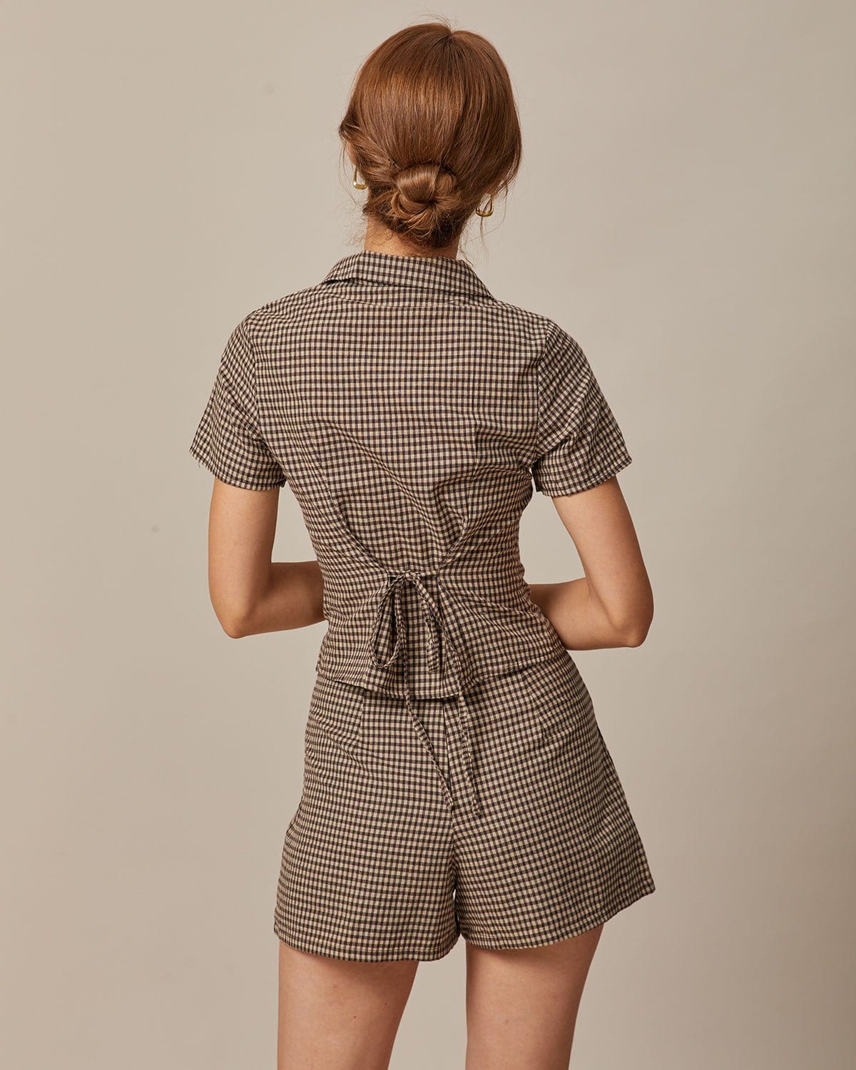 The Brown Lapel Gingham Short Sleeve Blouse - Image 5