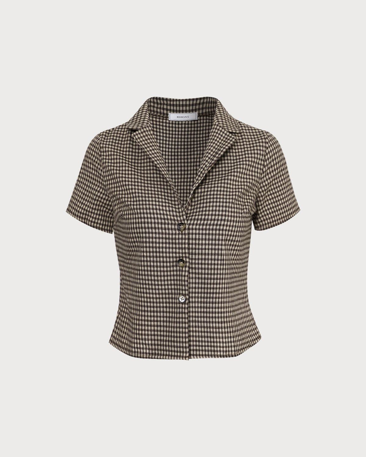 The Brown Lapel Gingham Short Sleeve Blouse - Image 6