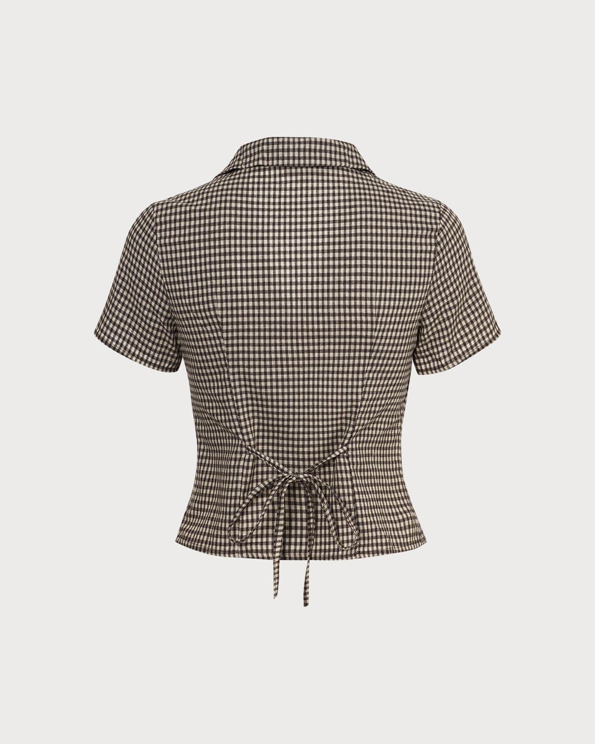 The Brown Lapel Gingham Short Sleeve Blouse - Image 7