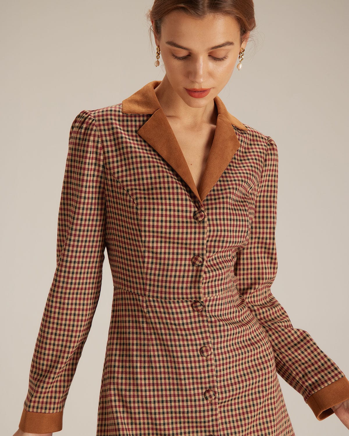 The Brown Plaid Spliced Suede Mini Dress - Image 3