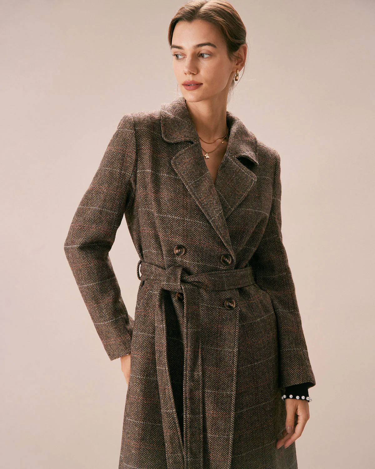 The Coffee Lapel Belted Double Breasted Coat - Image 3