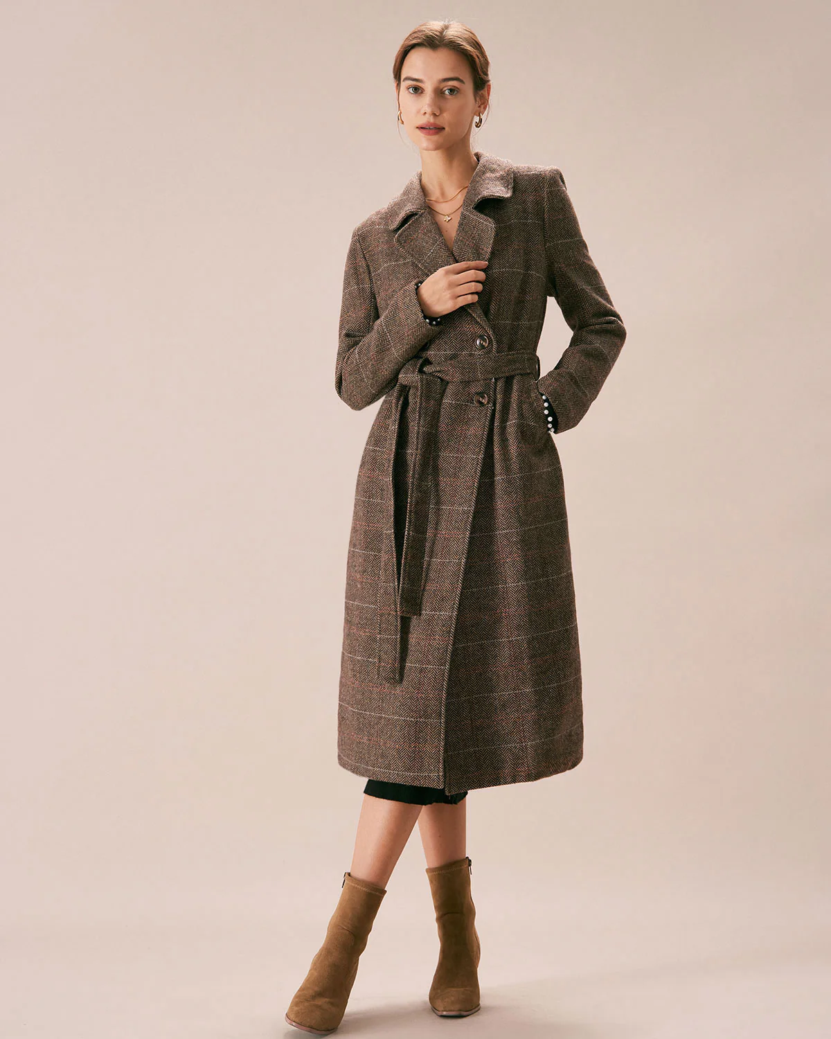 The Coffee Lapel Belted Double Breasted Coat - Image 4