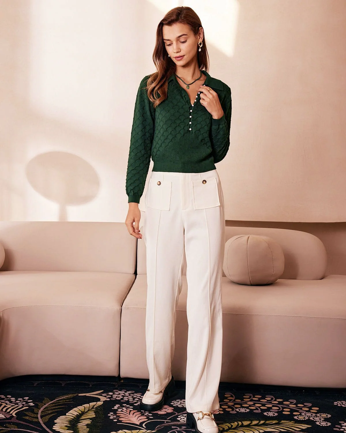 The Dark Green Lapel Ribbed Textured Knit Top - Image 4