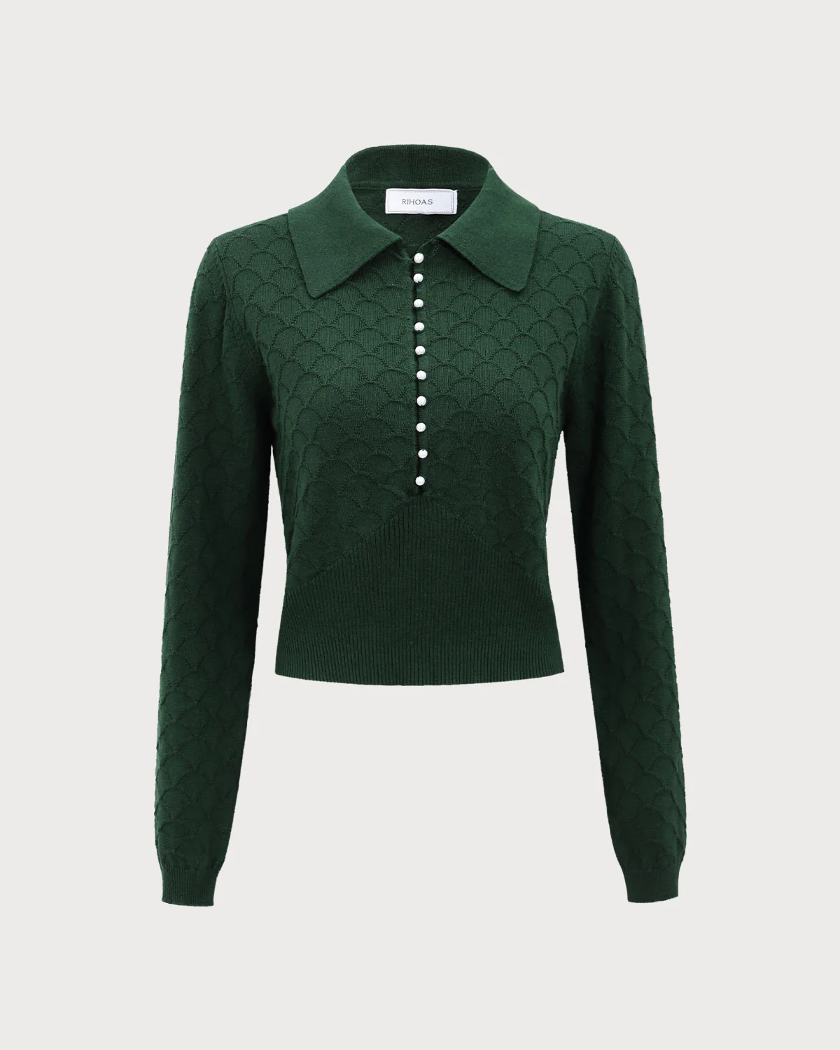 The Dark Green Lapel Ribbed Textured Knit Top - Image 5