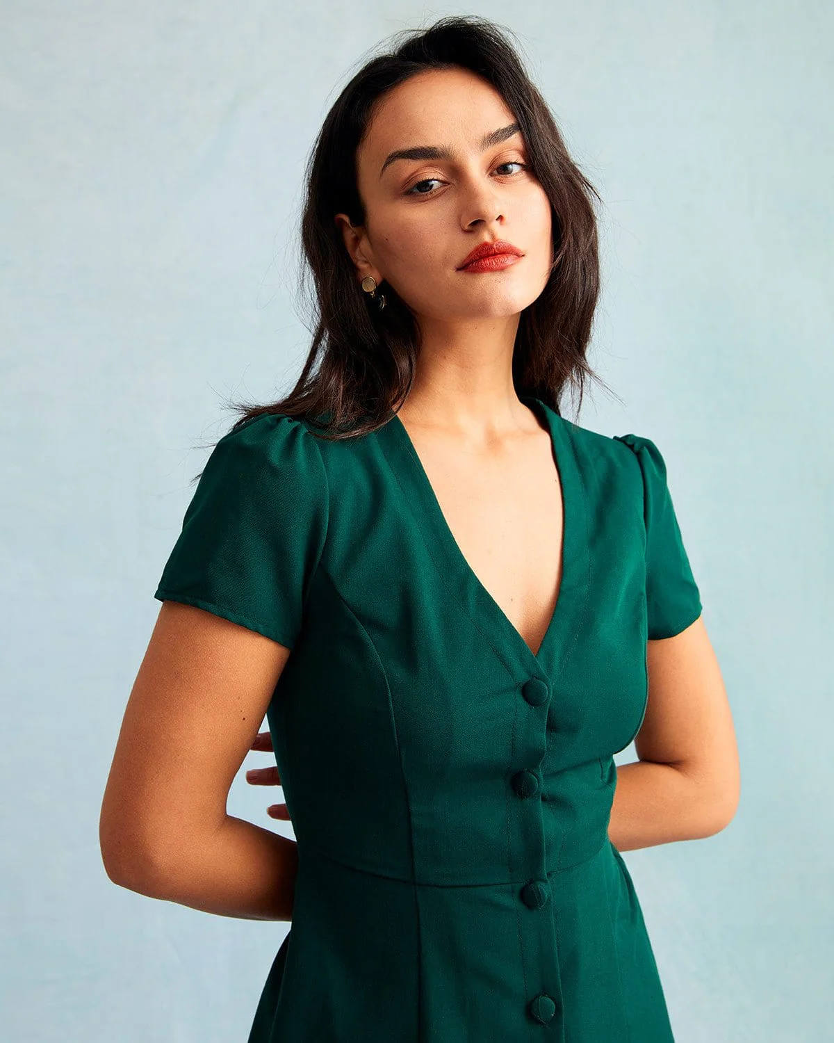 The Dark Green V Neck Button-up Shirt Mini Dress - Image 3