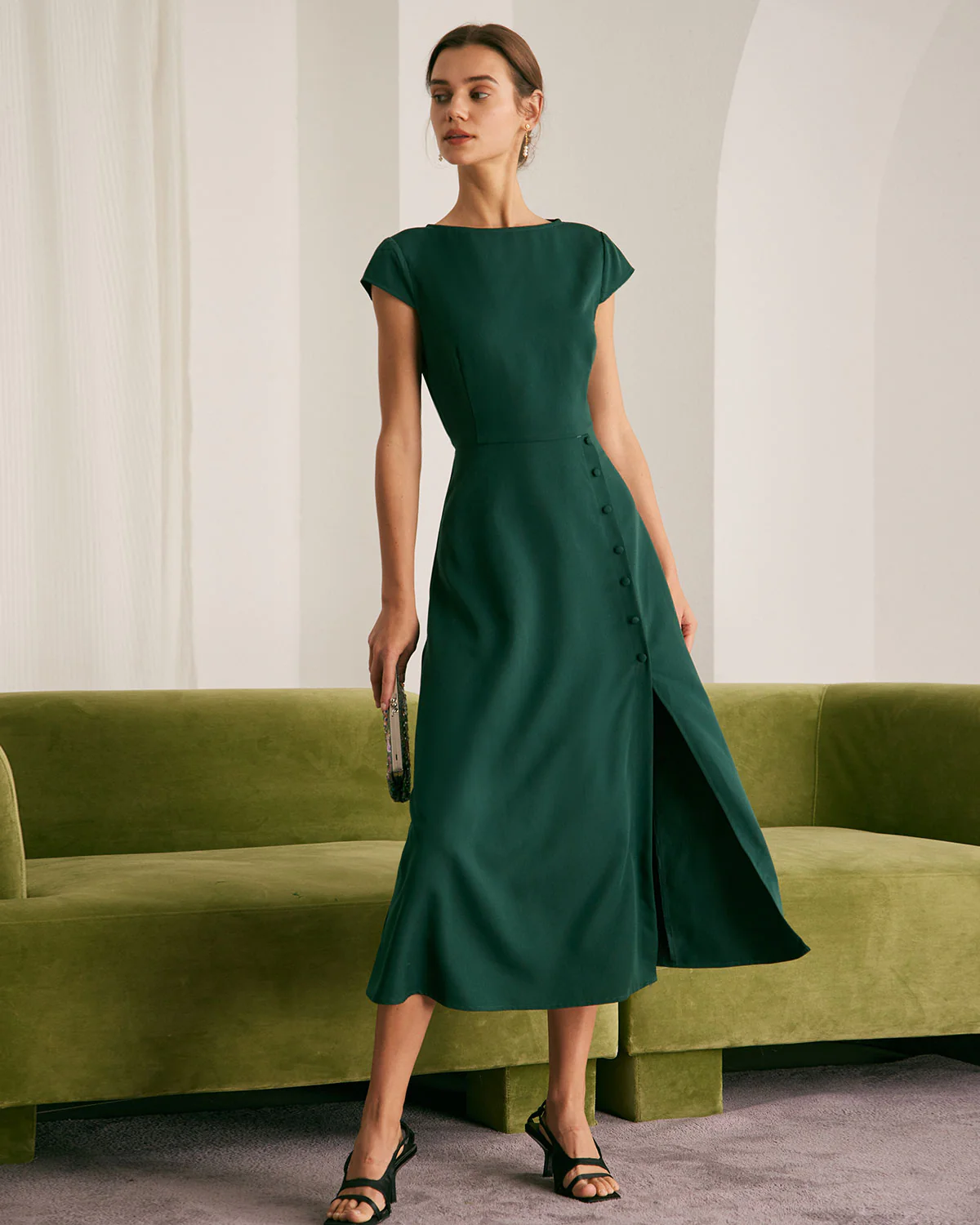 The Green Boat Neck Cutout Back Midi Dress - Image 5