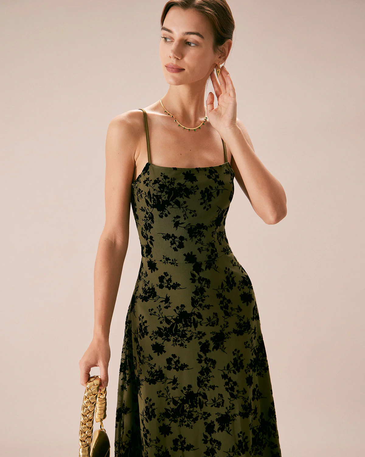 The Green Floral Burnout A-Line Slip Midi Dress - Image 3