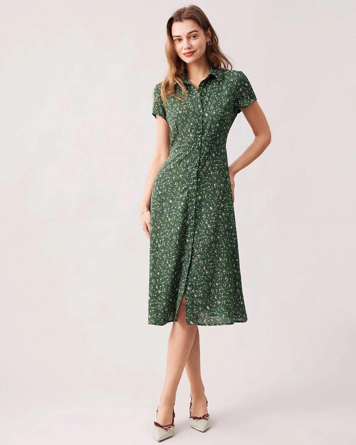 The Green Lapel Button Up Floral Midi Dress - Image 3