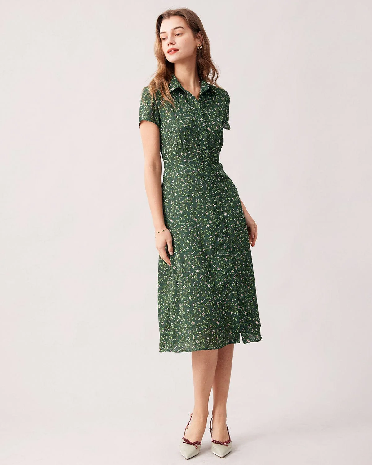 The Green Lapel Button Up Floral Midi Dress - Image 4