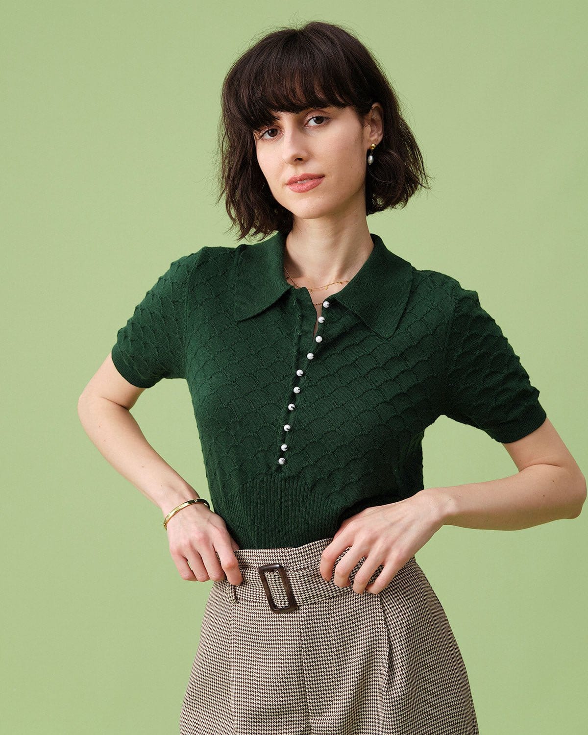 The Green Short Sleeve Textured Lapel Knit Tee - Image 3