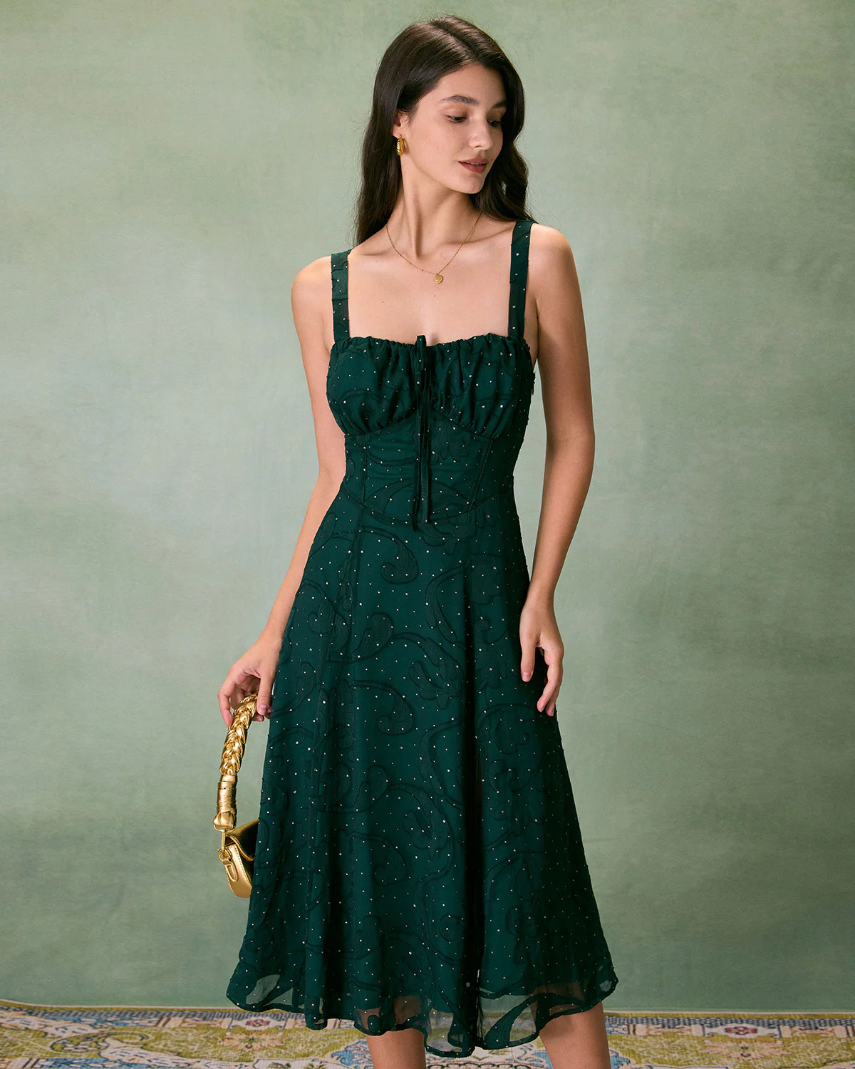 The Green Square Neck Jacquard Slit Midi Dress - Image 3
