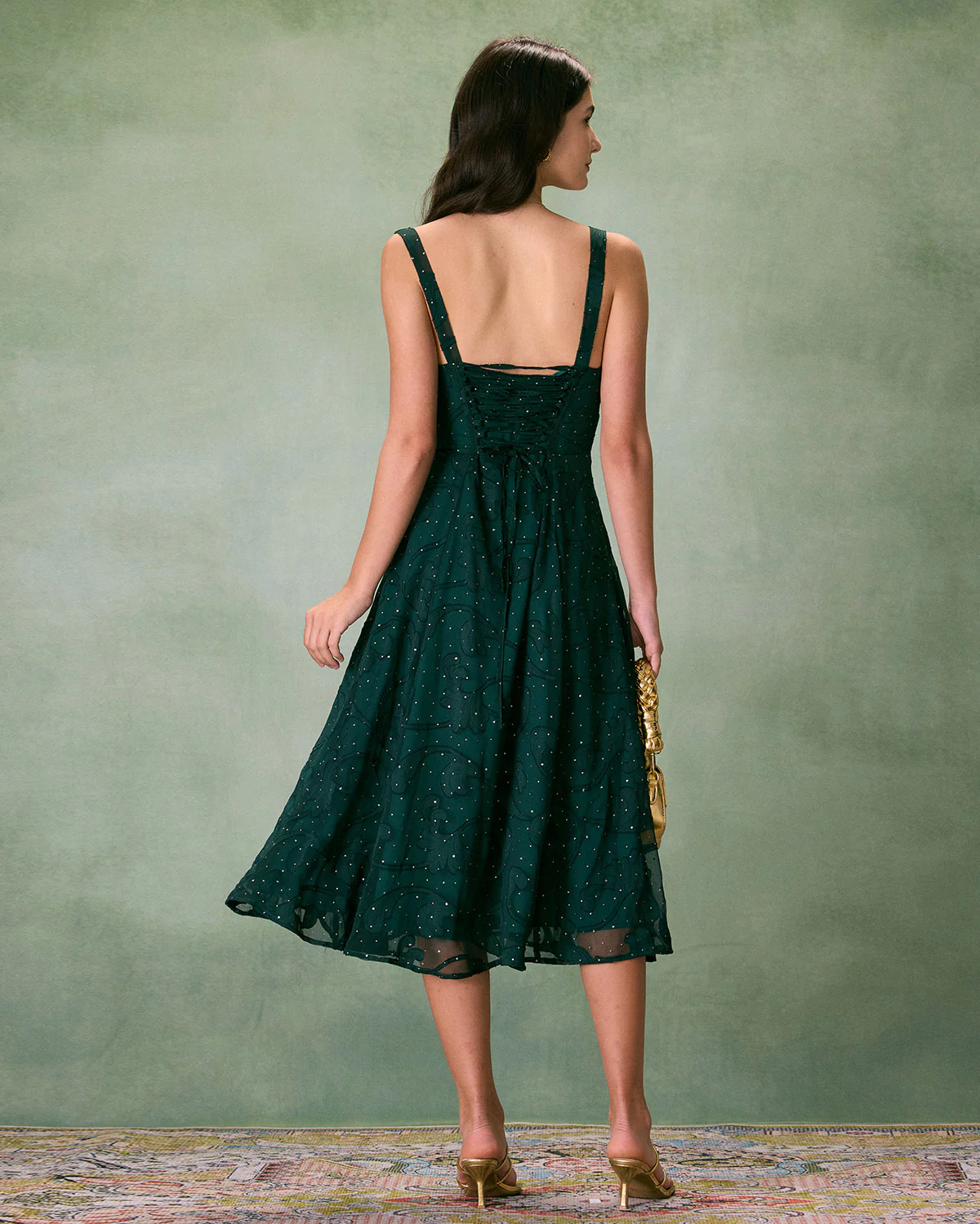 The Green Square Neck Jacquard Slit Midi Dress - Image 5
