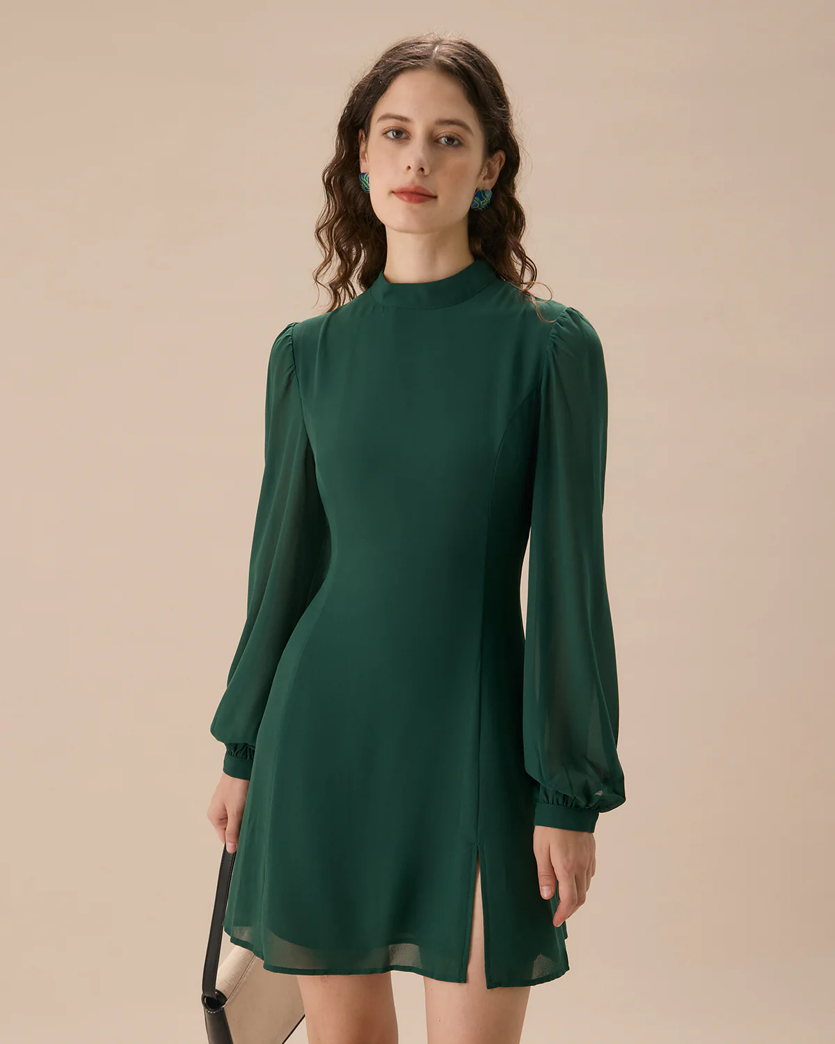 The Green Stand Collar Sheer Slit Mini Dress - Image 6