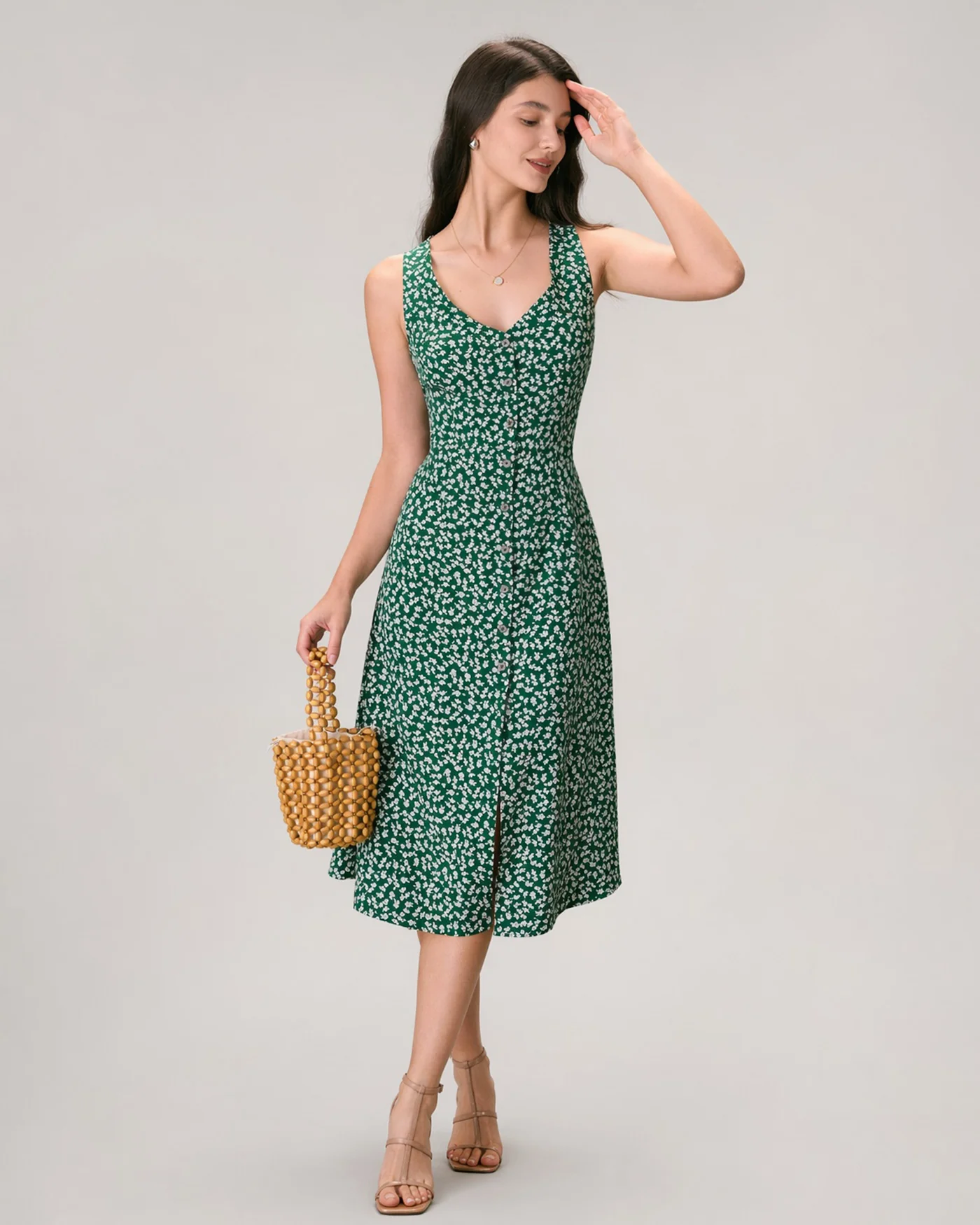 The Green V Neck Floral Button Midi Dress - Image 3