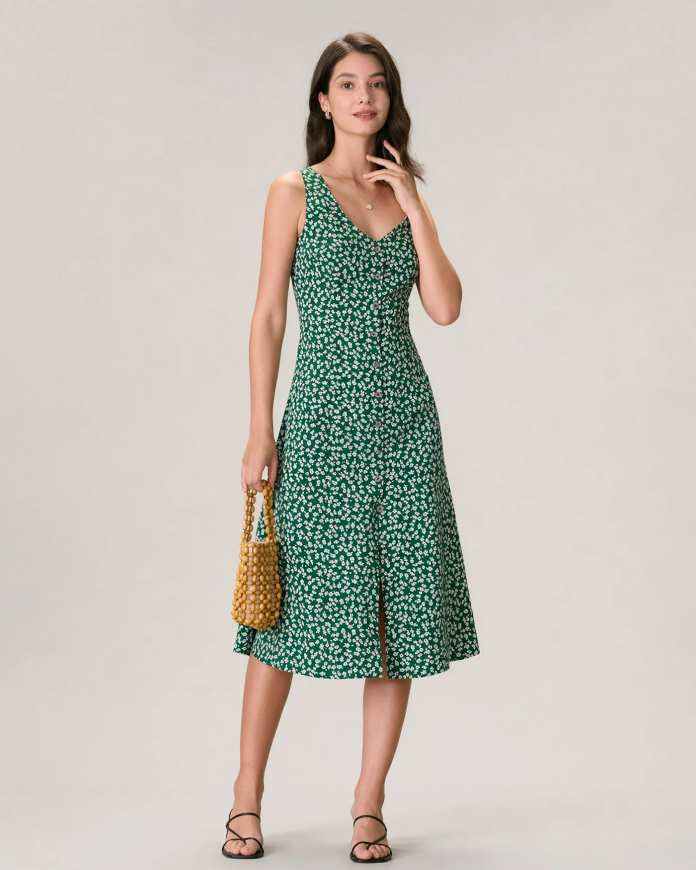 The Green V Neck Floral Button Midi Dress - Image 4