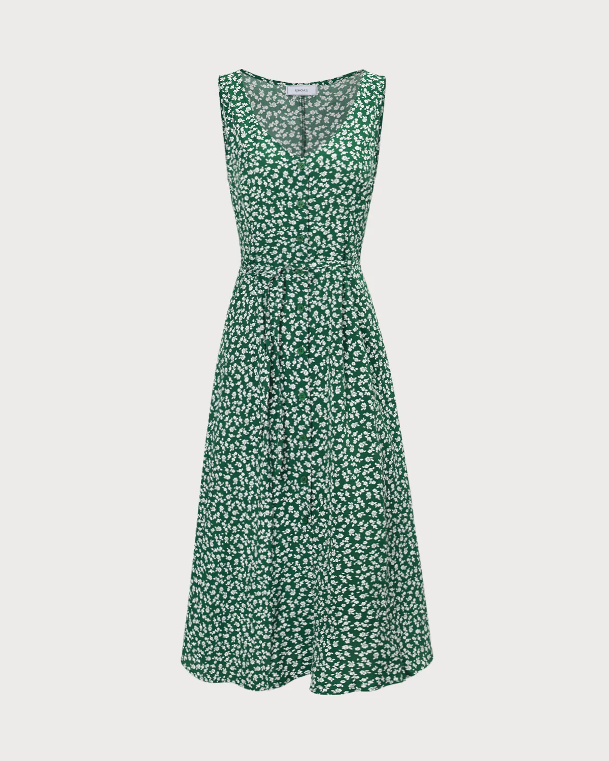 The Green V Neck Floral Button Midi Dress - Image 6