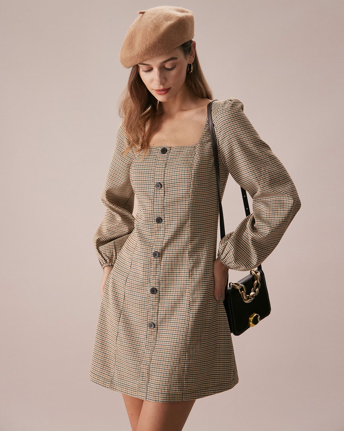 The Khaki Square Neck Plaid Button Mini Dress - Image 3