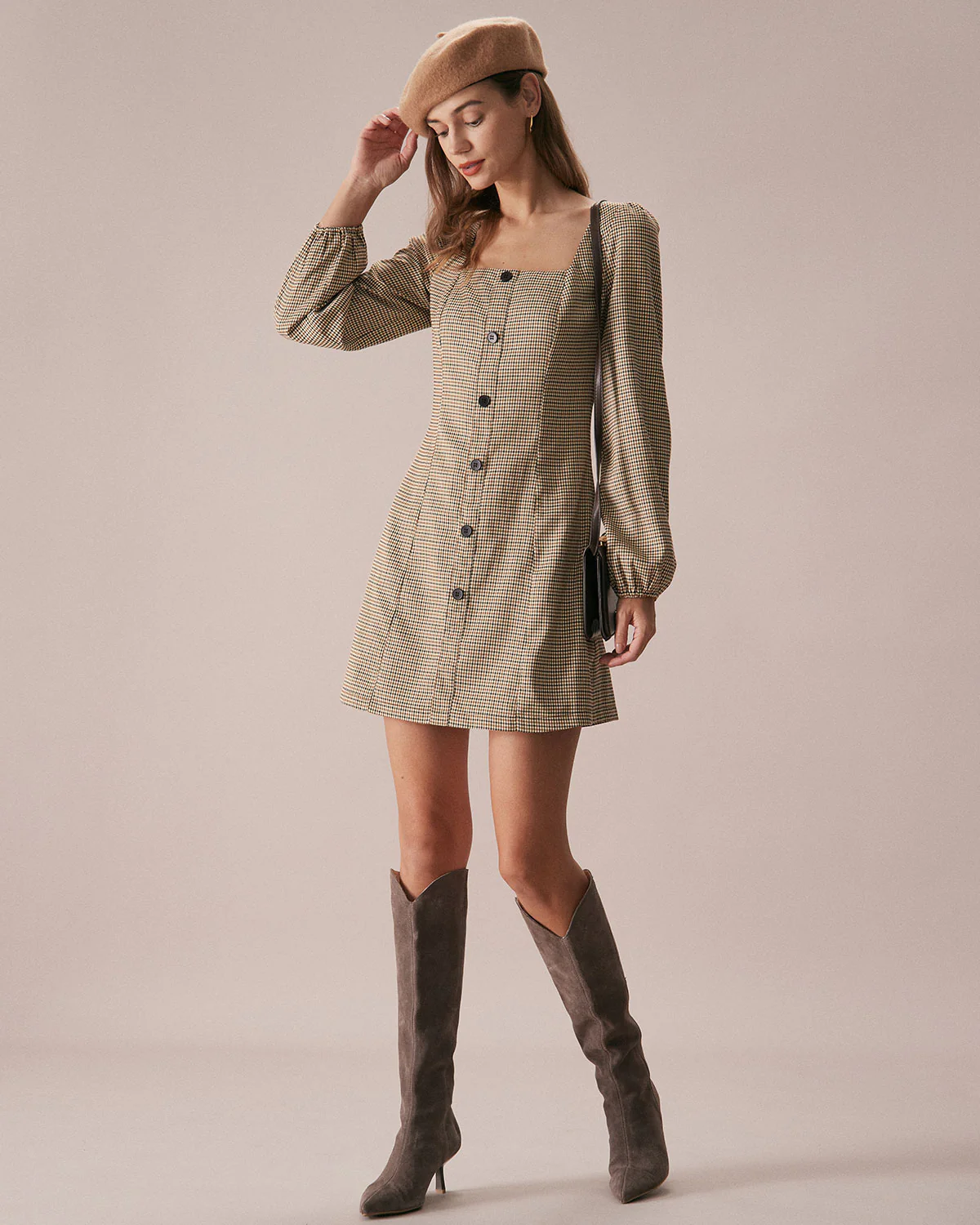 The Khaki Square Neck Plaid Button Mini Dress - Image 5