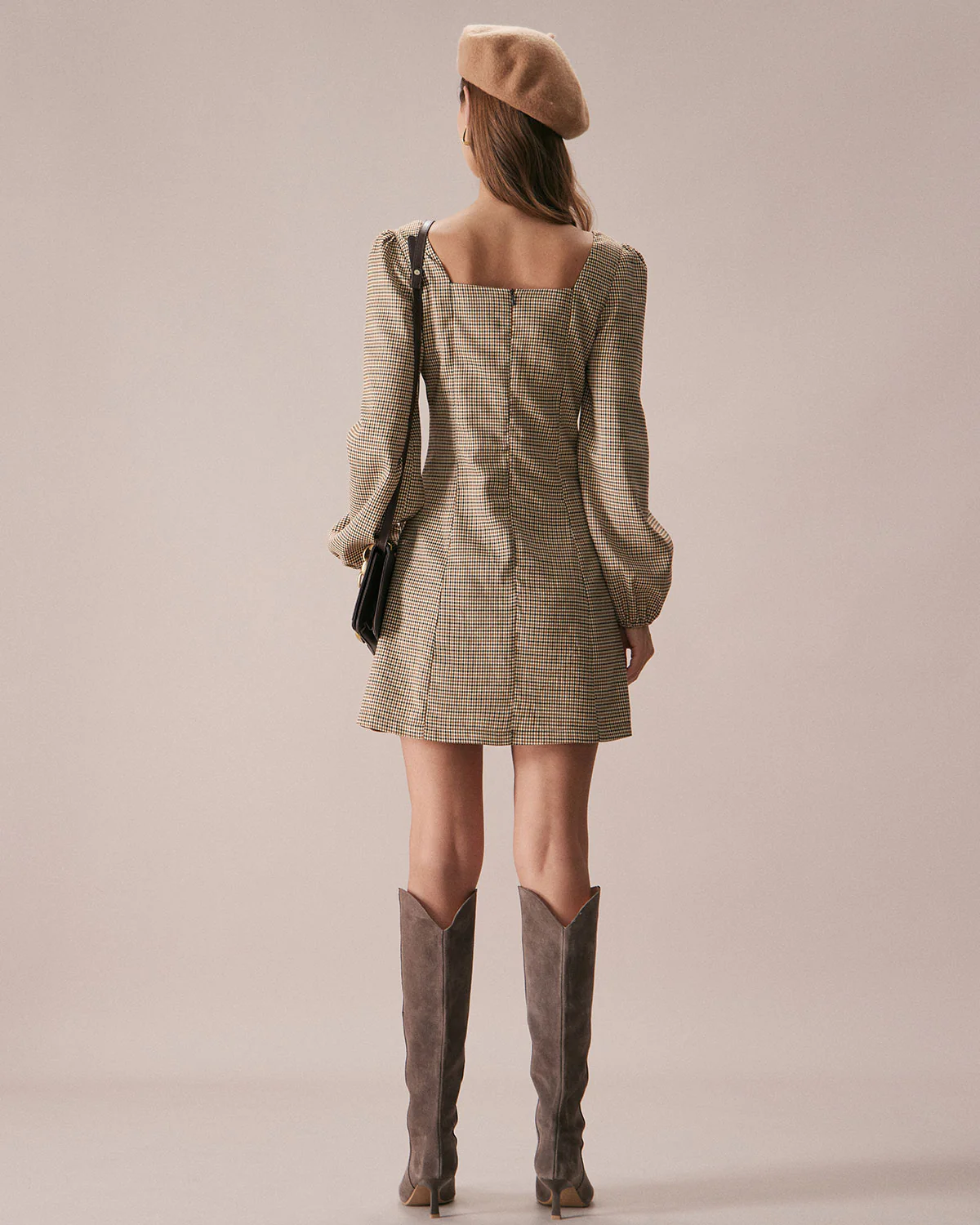 The Khaki Square Neck Plaid Button Mini Dress - Image 6