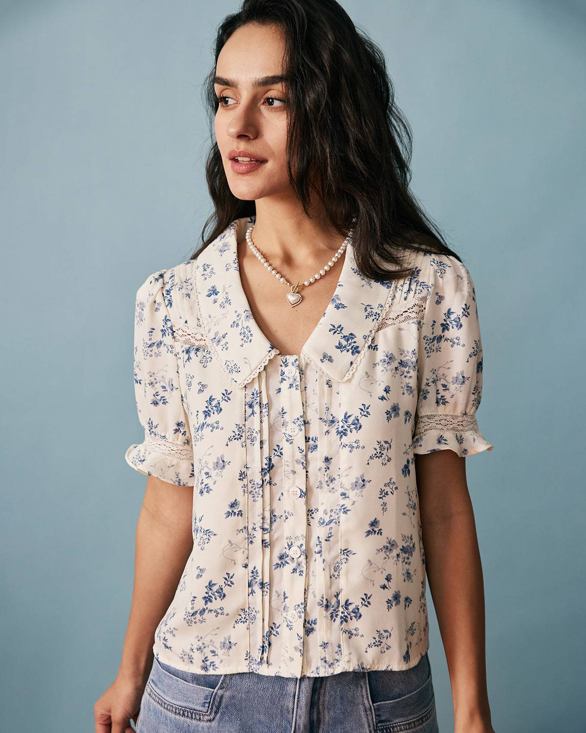 The Lace Spliced Pleated Floral Shirt - Image 3
