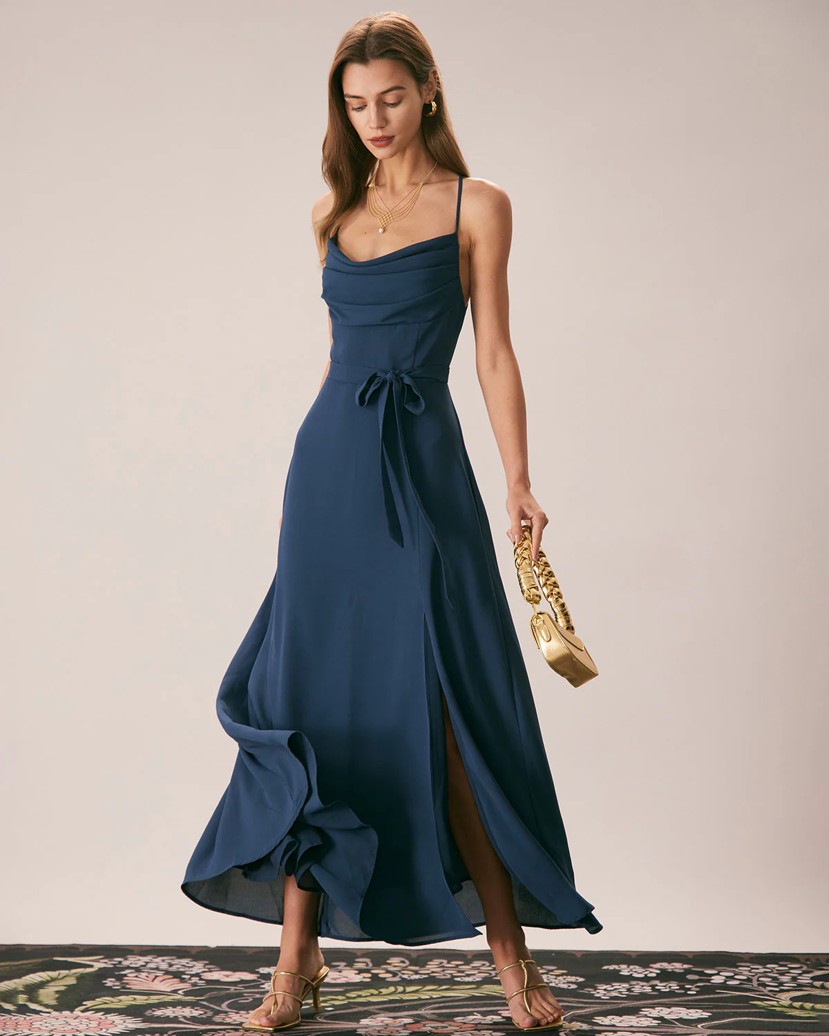 The Navy Cowl Neck Cutout Back Maxi Dress - Image 4