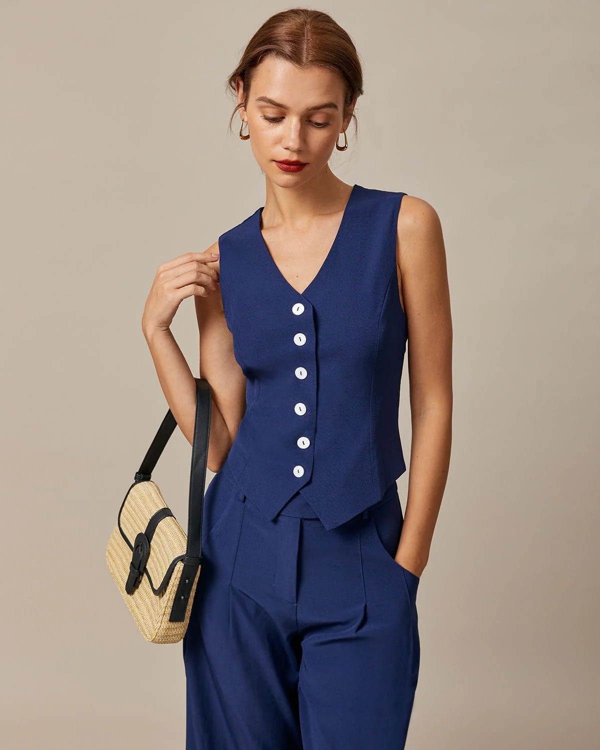 The Navy High Waisted Pockets Straight Pants - Image 4