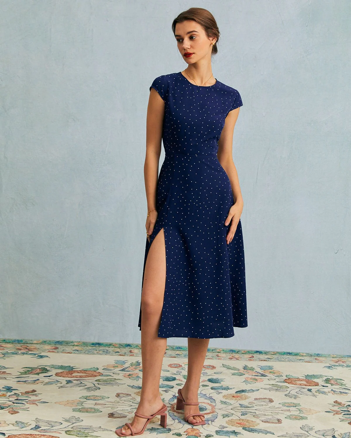 The Navy Round Neck Polka Dot Cutout Midi Dress - Image 4