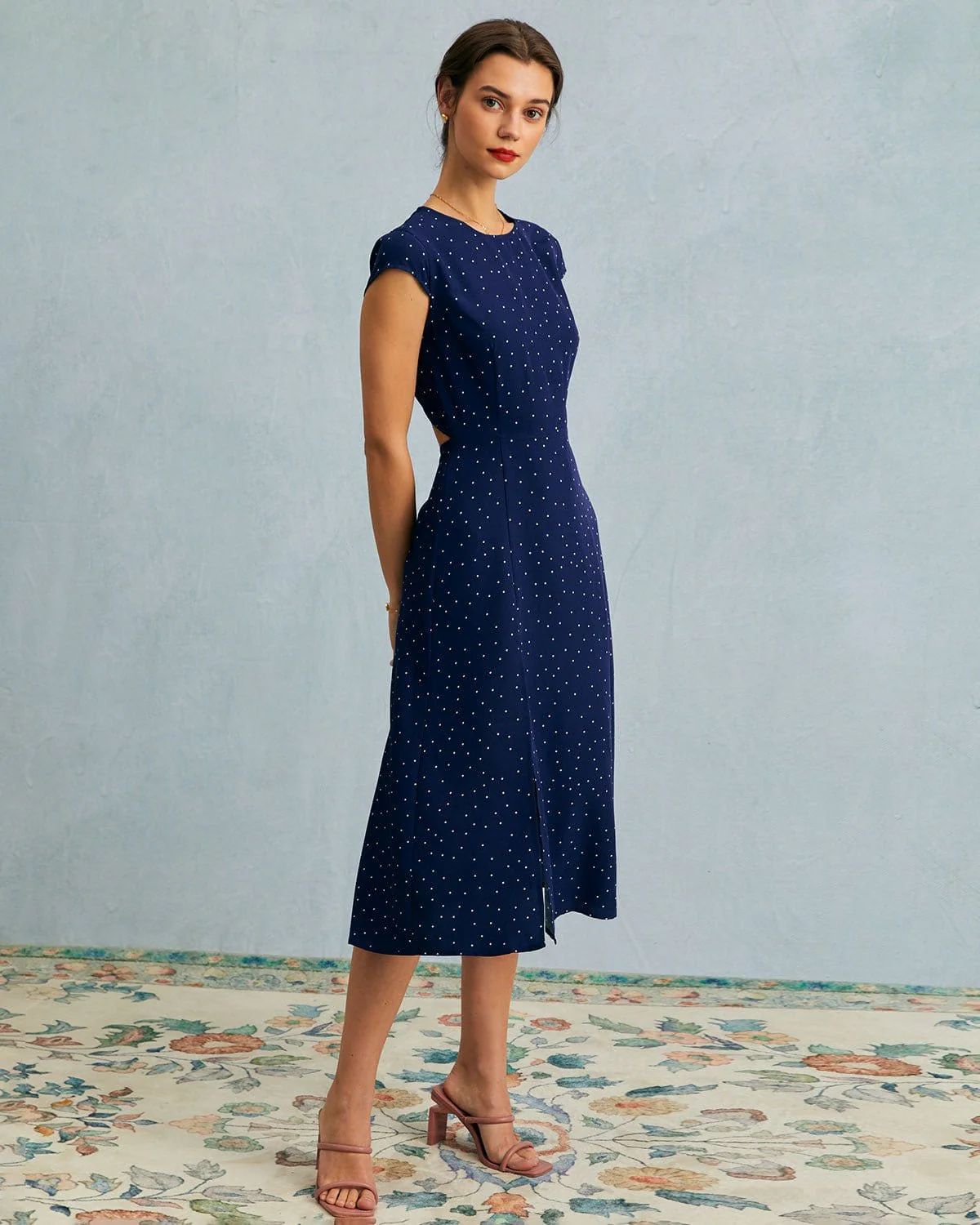 The Navy Round Neck Polka Dot Cutout Midi Dress - Image 5