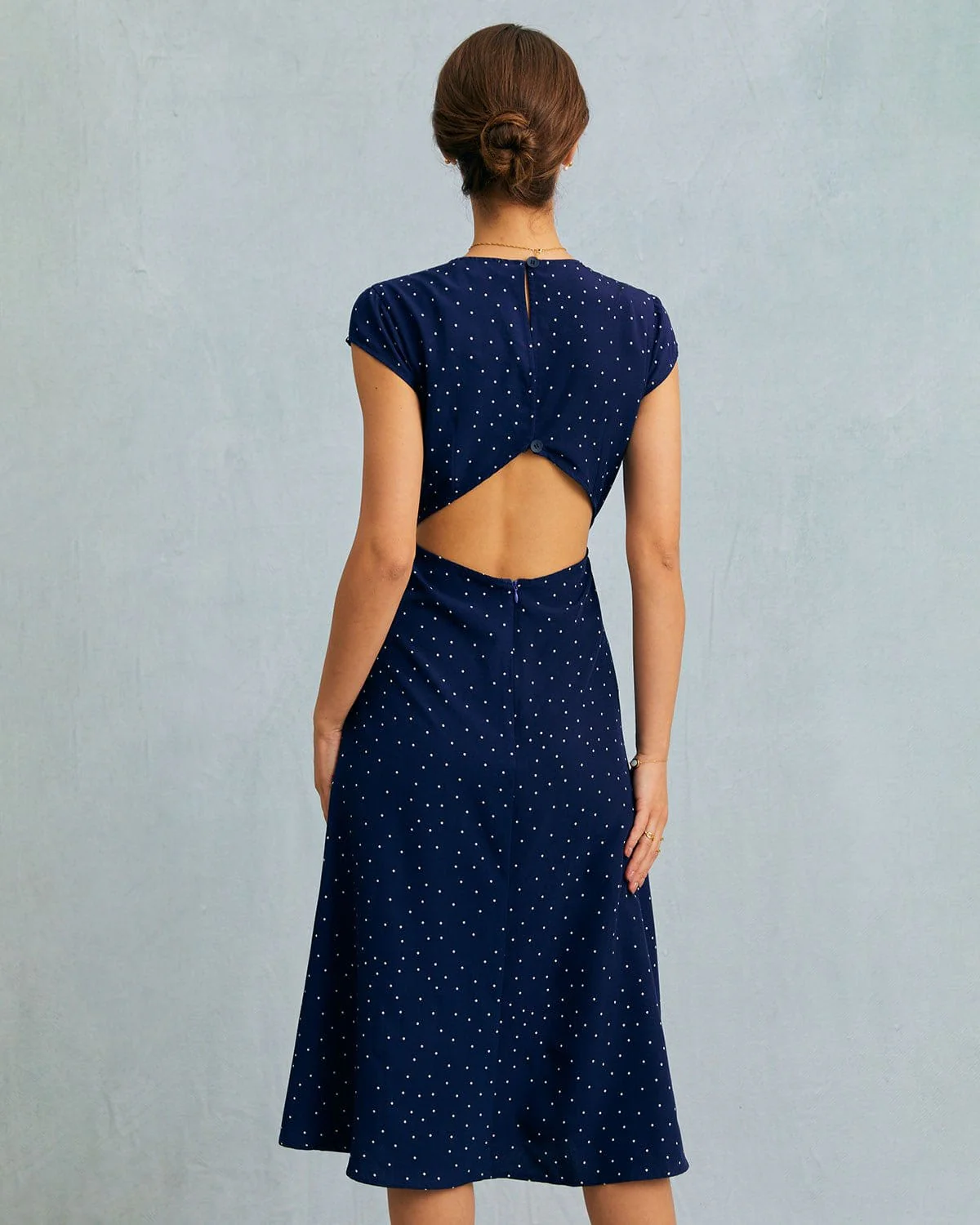 The Navy Round Neck Polka Dot Cutout Midi Dress - Image 6