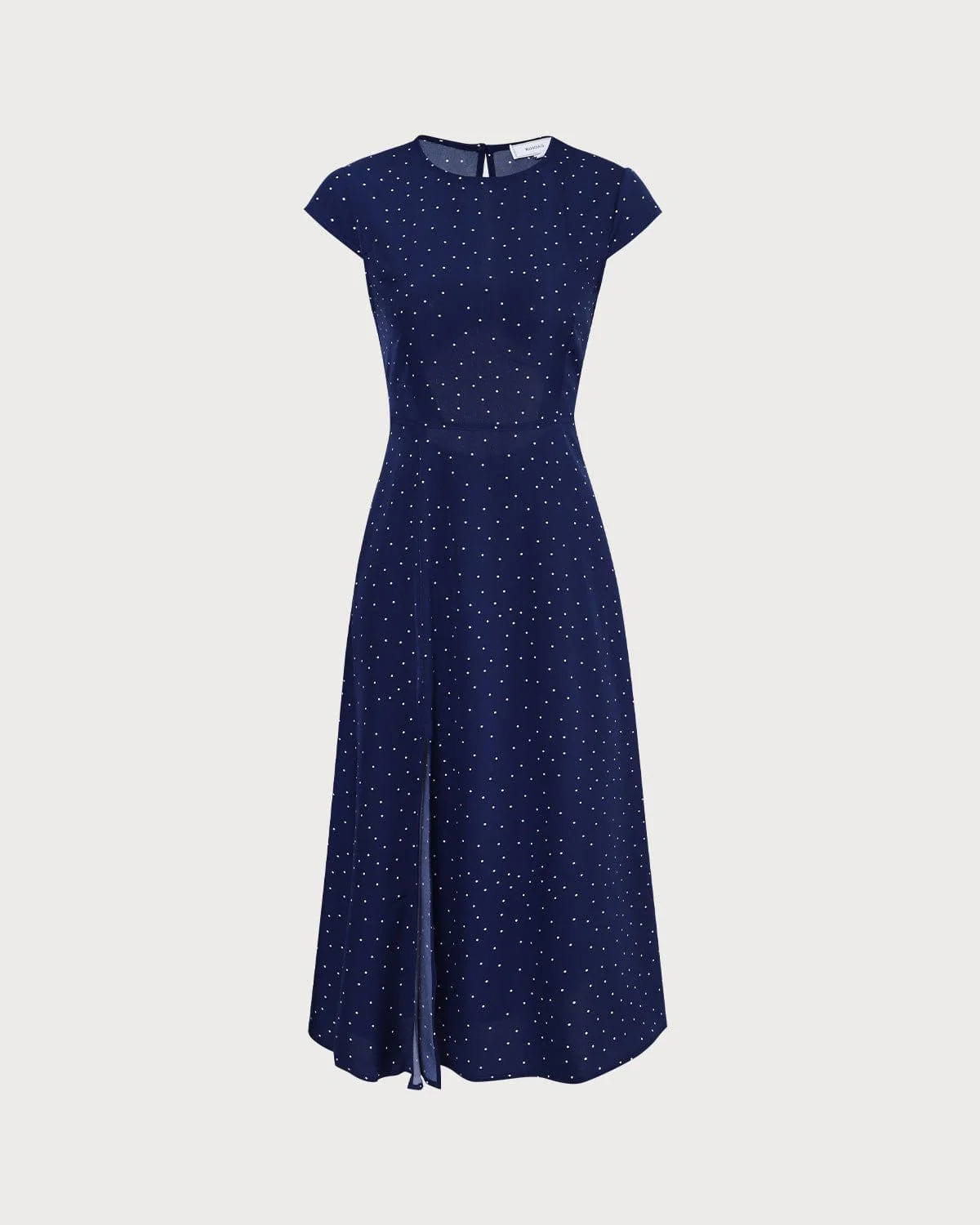 The Navy Round Neck Polka Dot Cutout Midi Dress - Image 7
