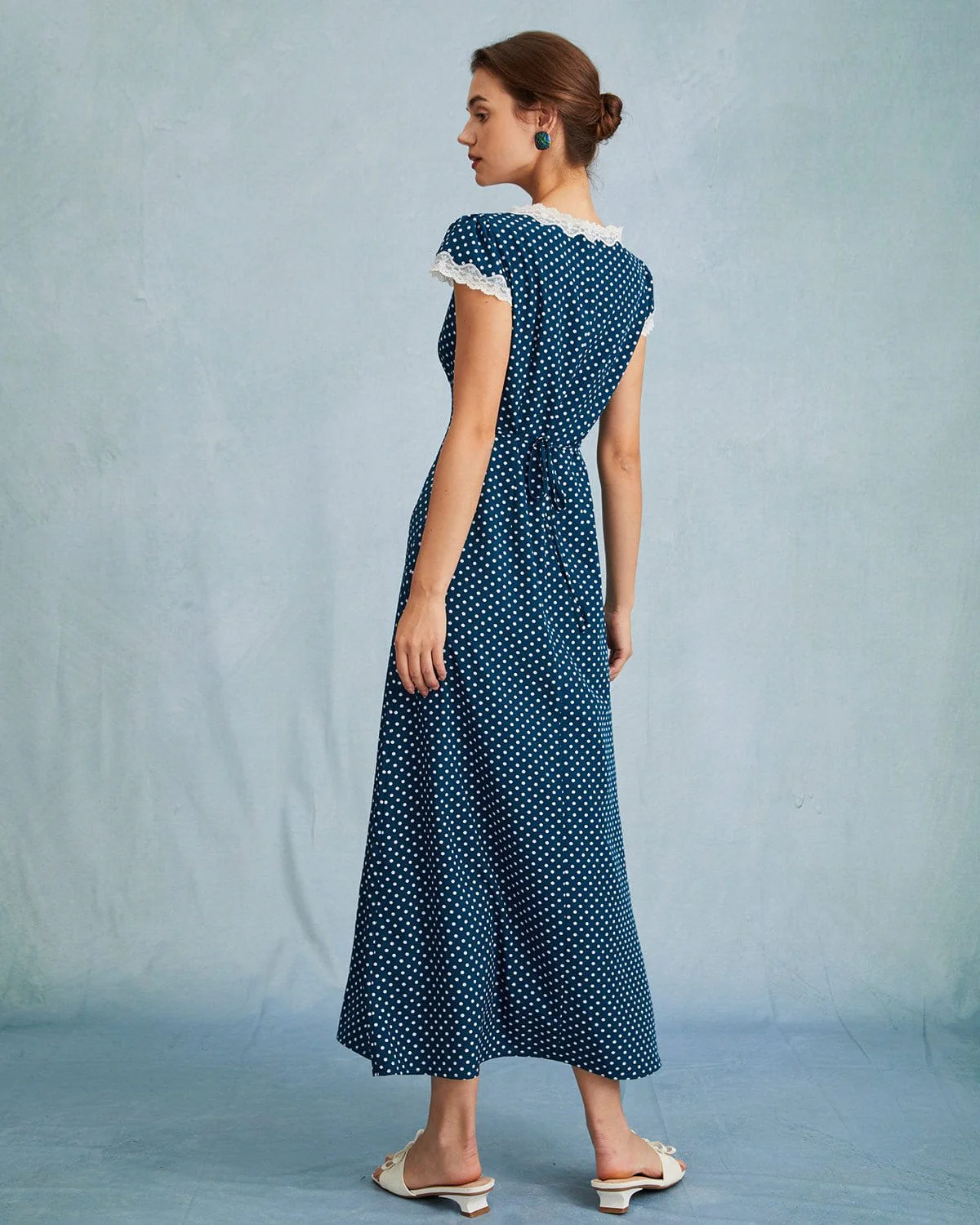 The Navy V Neck Polka Dot Lace Ruched Maxi Dress - Image 4