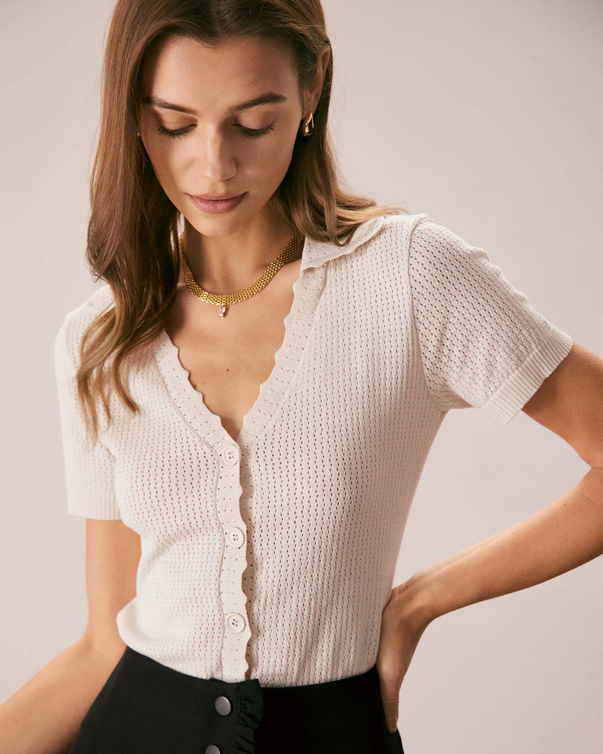 The Nude V Neck Button Pointelle Knit Tee - Image 3