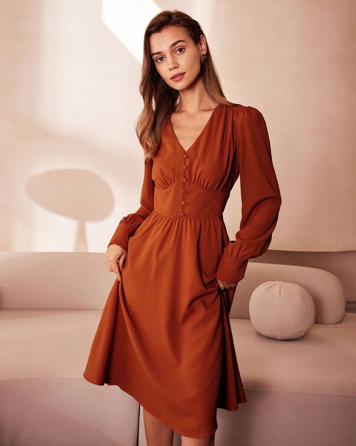 The Orange V Neck Pleated Button Midi Dress - Image 4