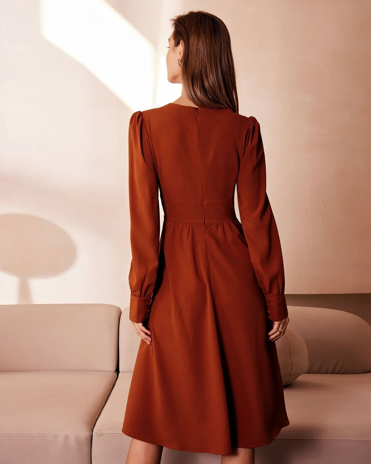 The Orange V Neck Pleated Button Midi Dress - Image 5