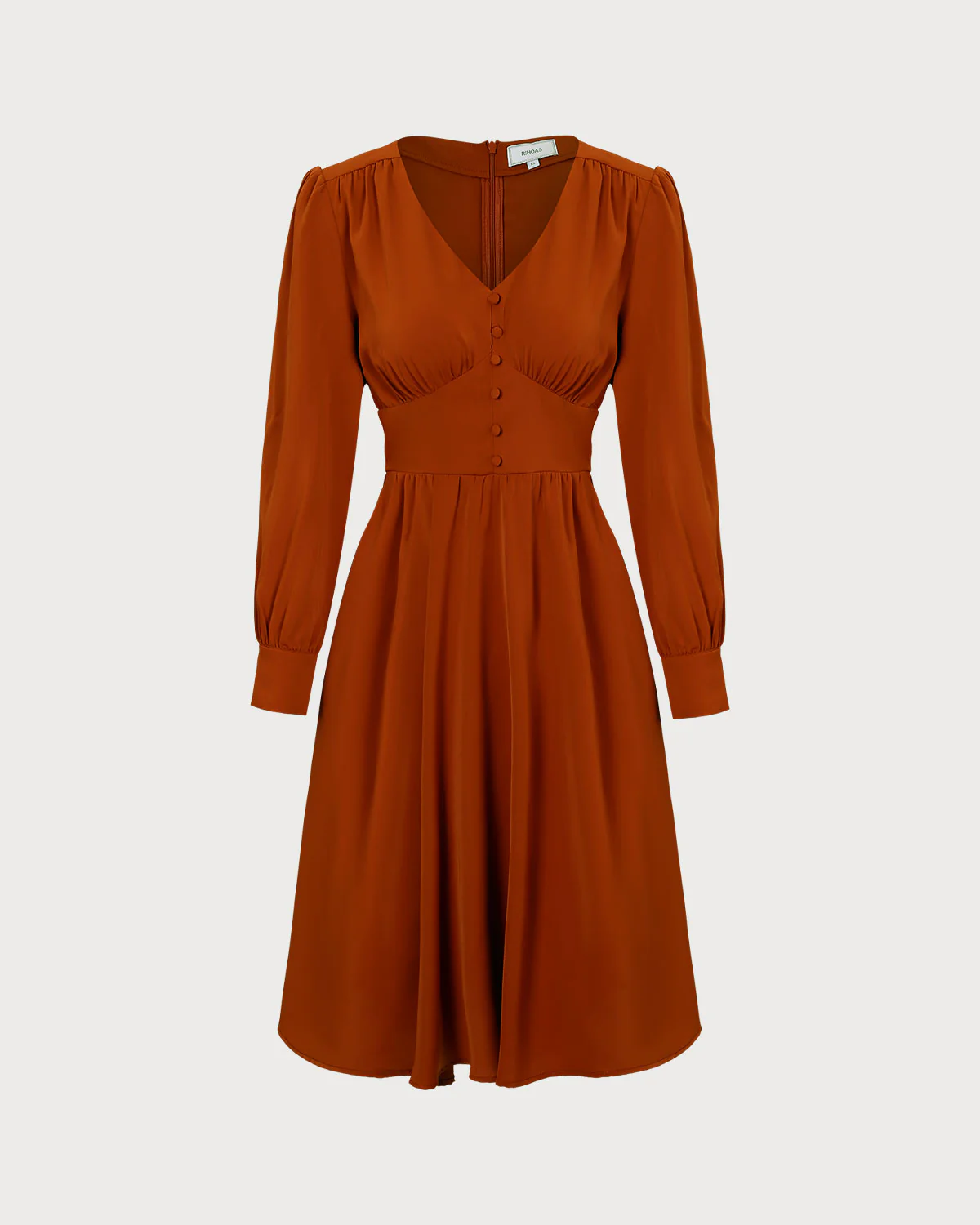 The Orange V Neck Pleated Button Midi Dress - Image 6