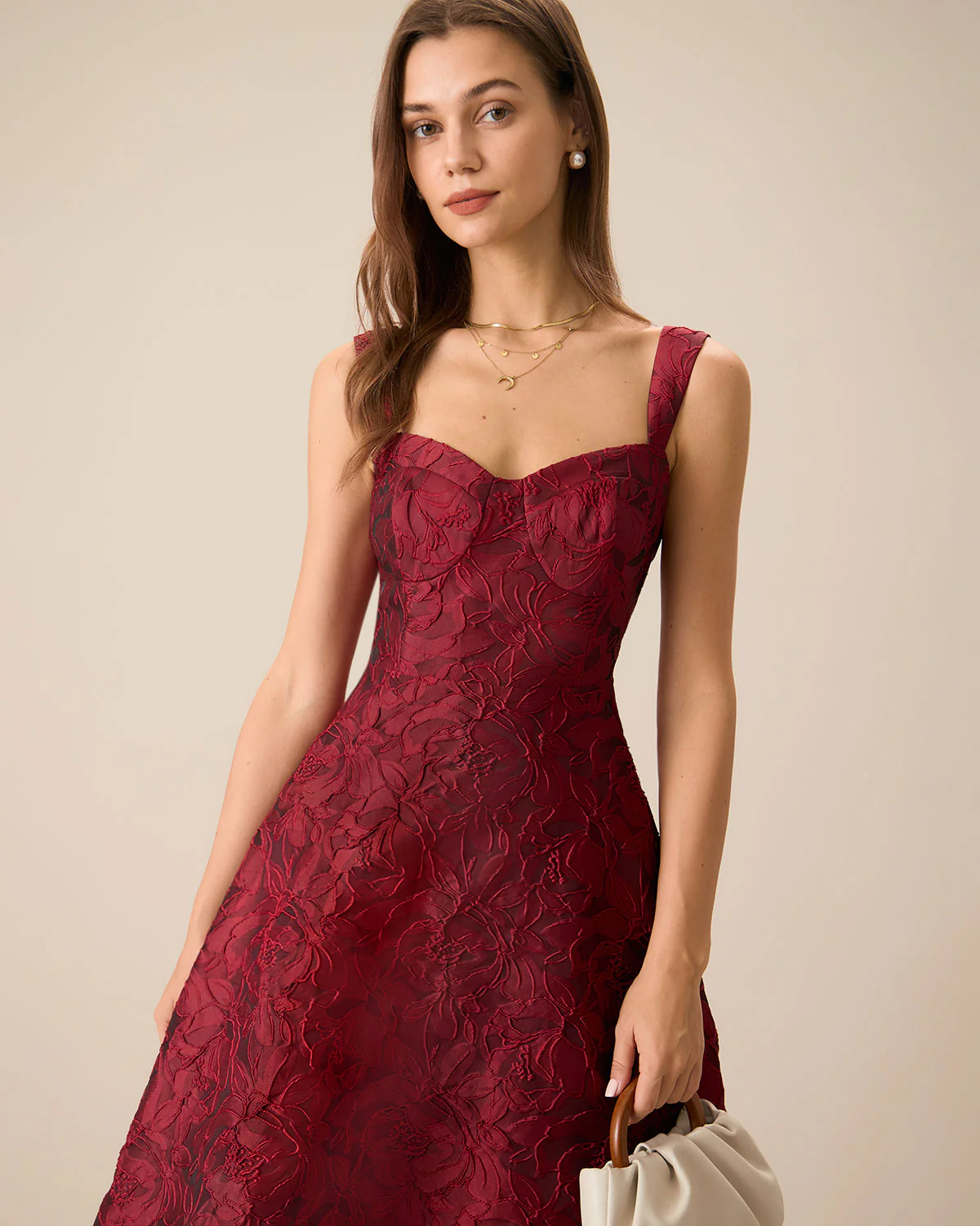 The Red Sweetheart Neck Jacquard Midi Dress - Image 3
