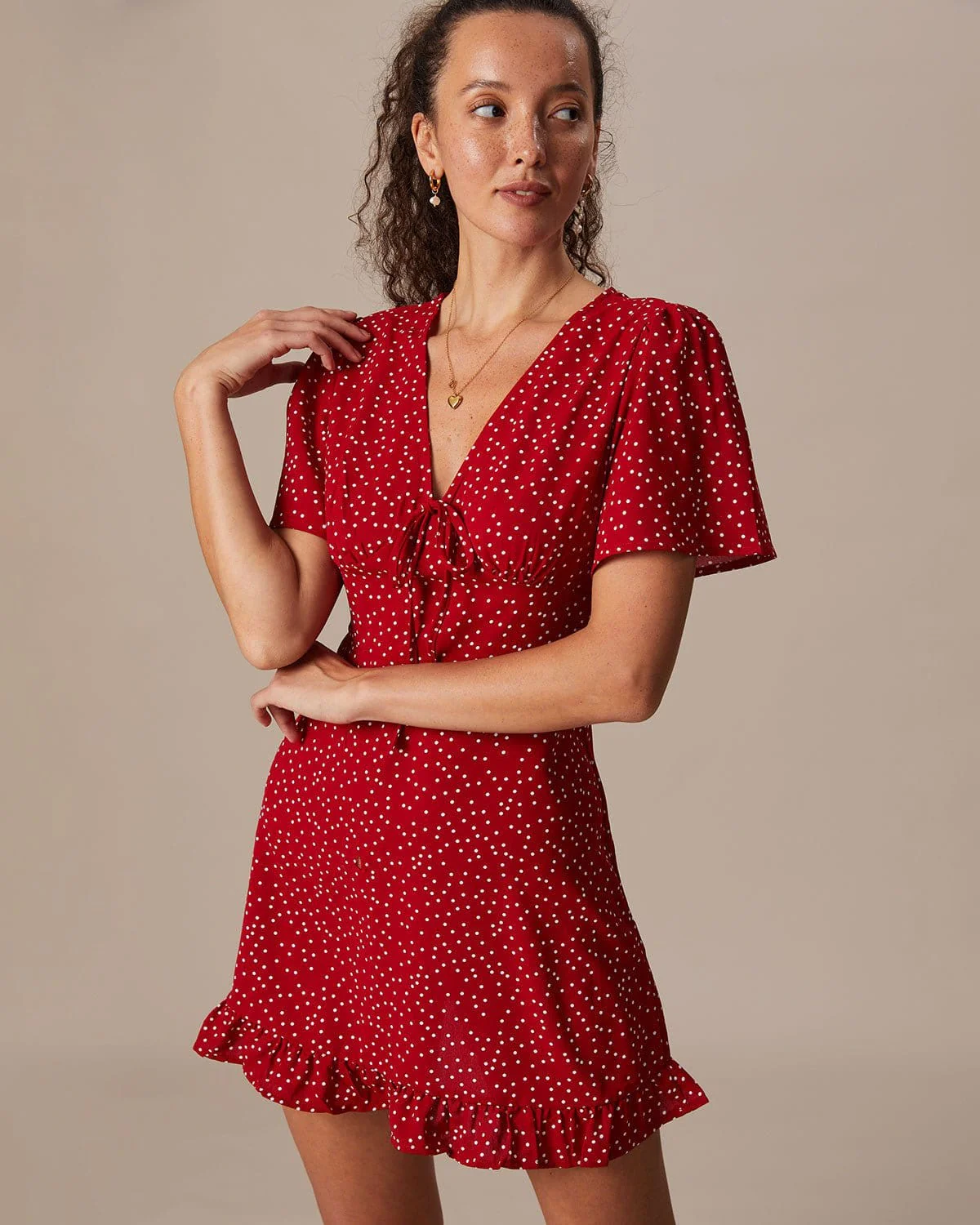 The Red V Neck Polka Dot Flounce Mini Dress - Image 4