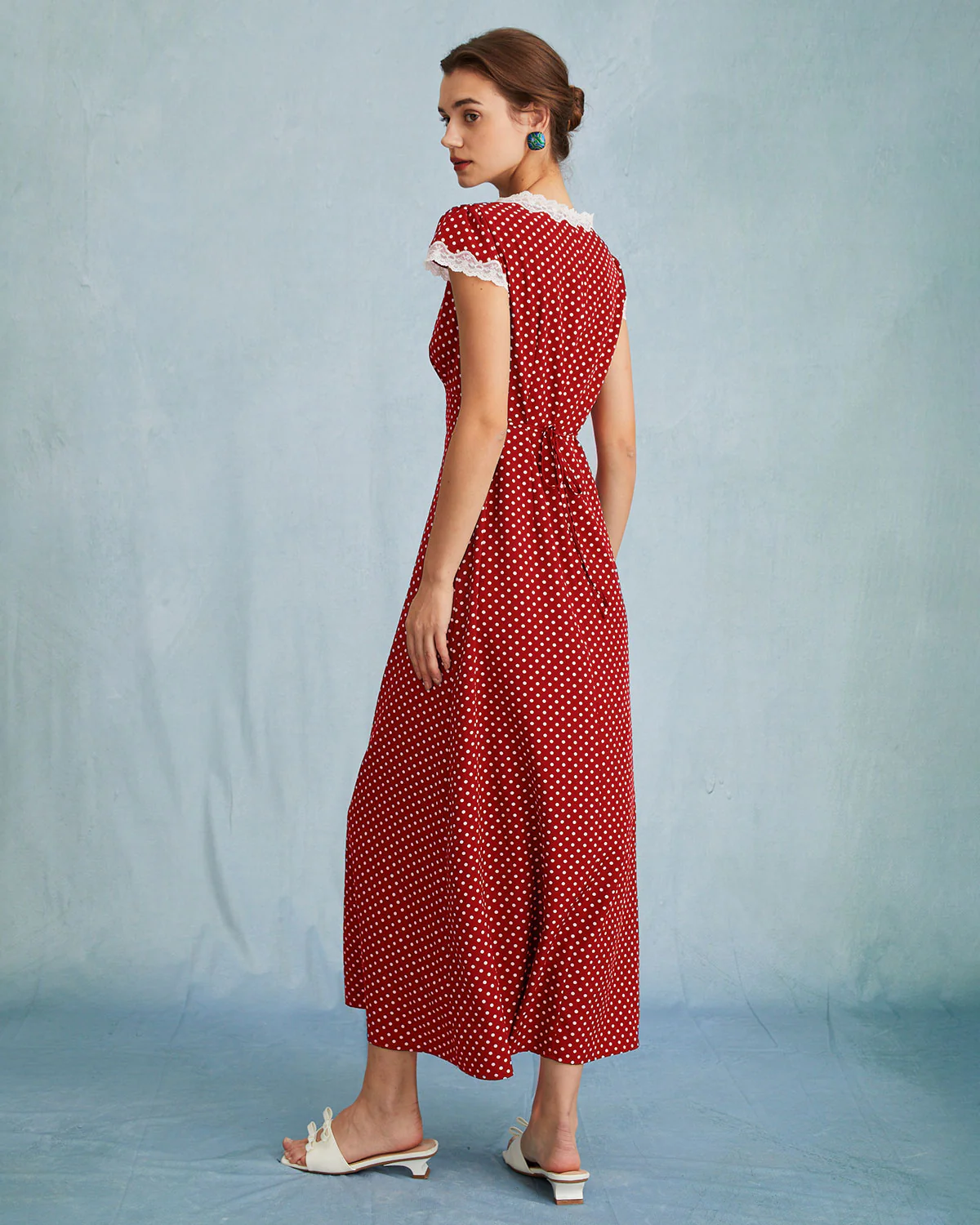 The Red V Neck Polka Dot Lace Ruched Maxi Dress - Image 4