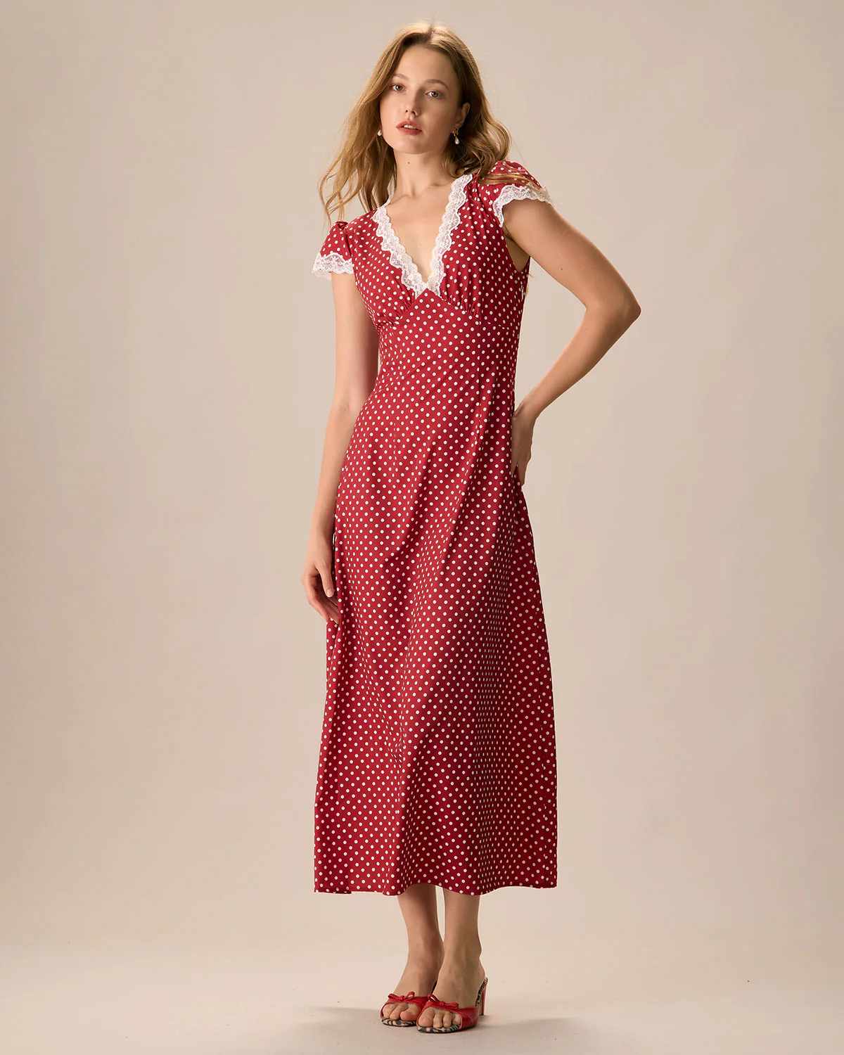 The Red V Neck Polka Dot Lace Ruched Maxi Dress - Image 5