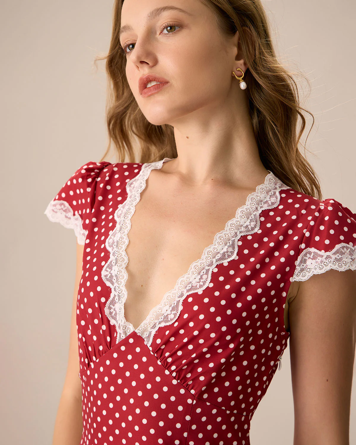 The Red V Neck Polka Dot Lace Ruched Maxi Dress - Image 6