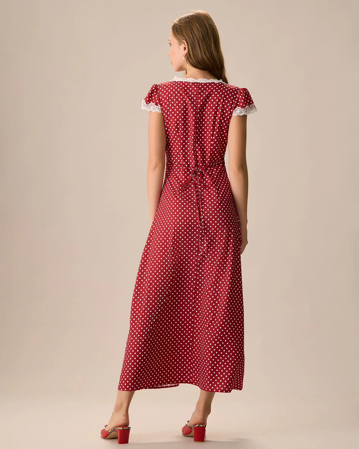 The Red V Neck Polka Dot Lace Ruched Maxi Dress - Image 8