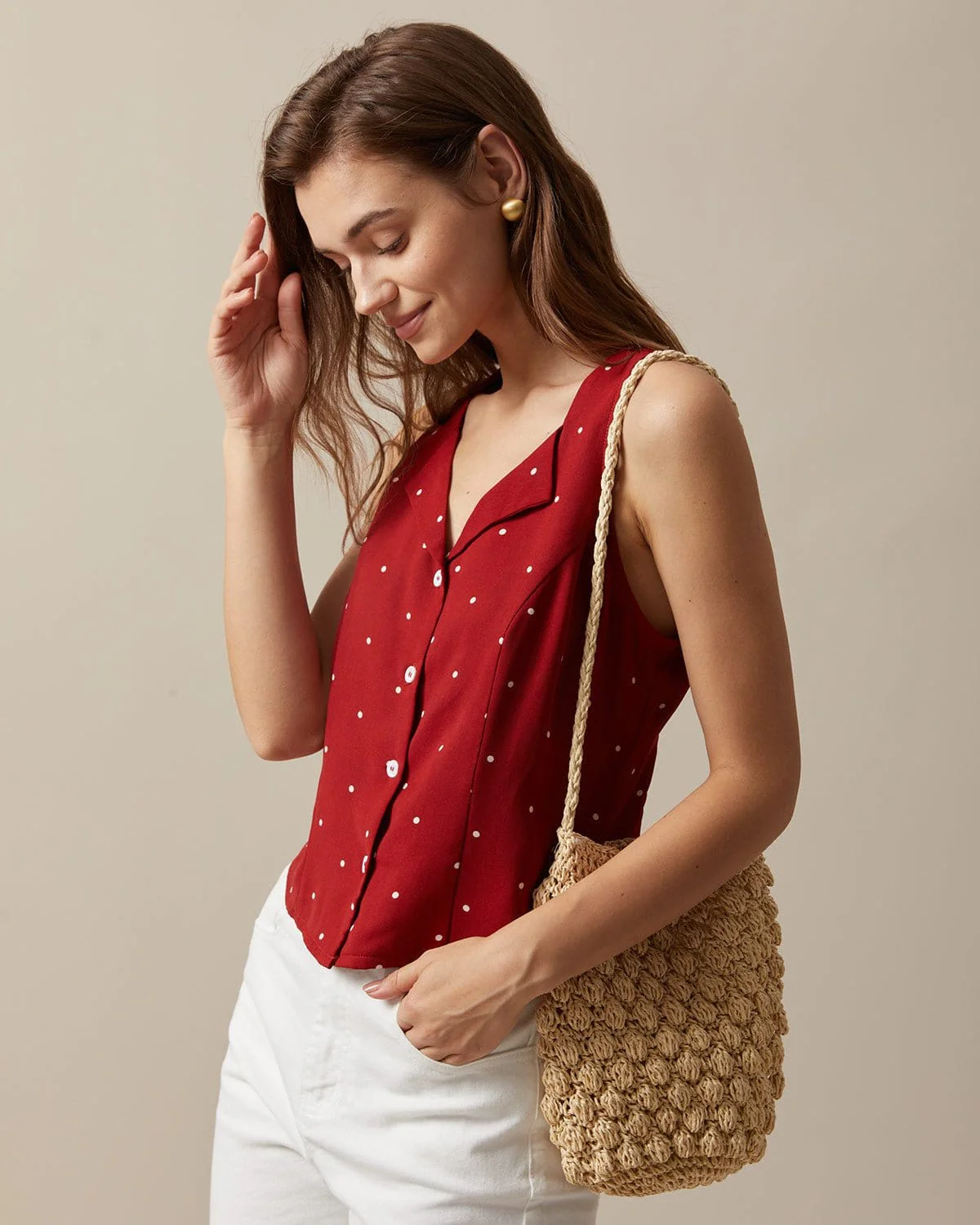 The Red V Neck Polka Dot Print Sleeveless Vest - Image 3