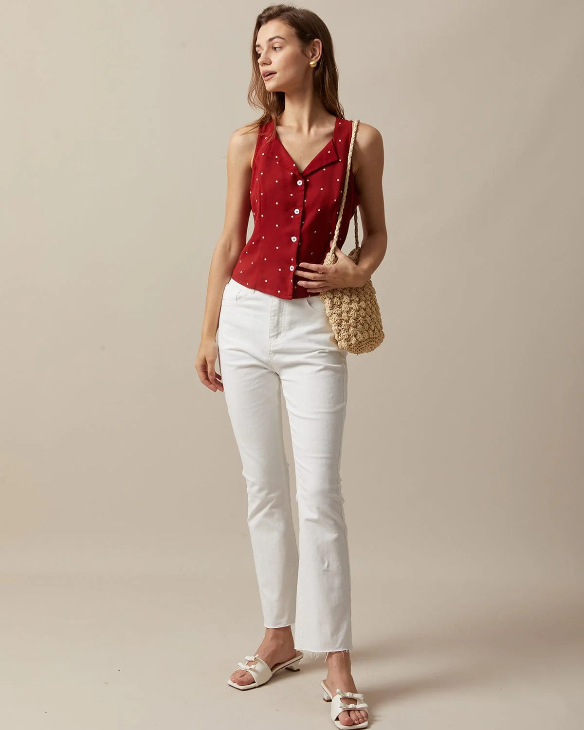 The Red V Neck Polka Dot Print Sleeveless Vest - Image 4