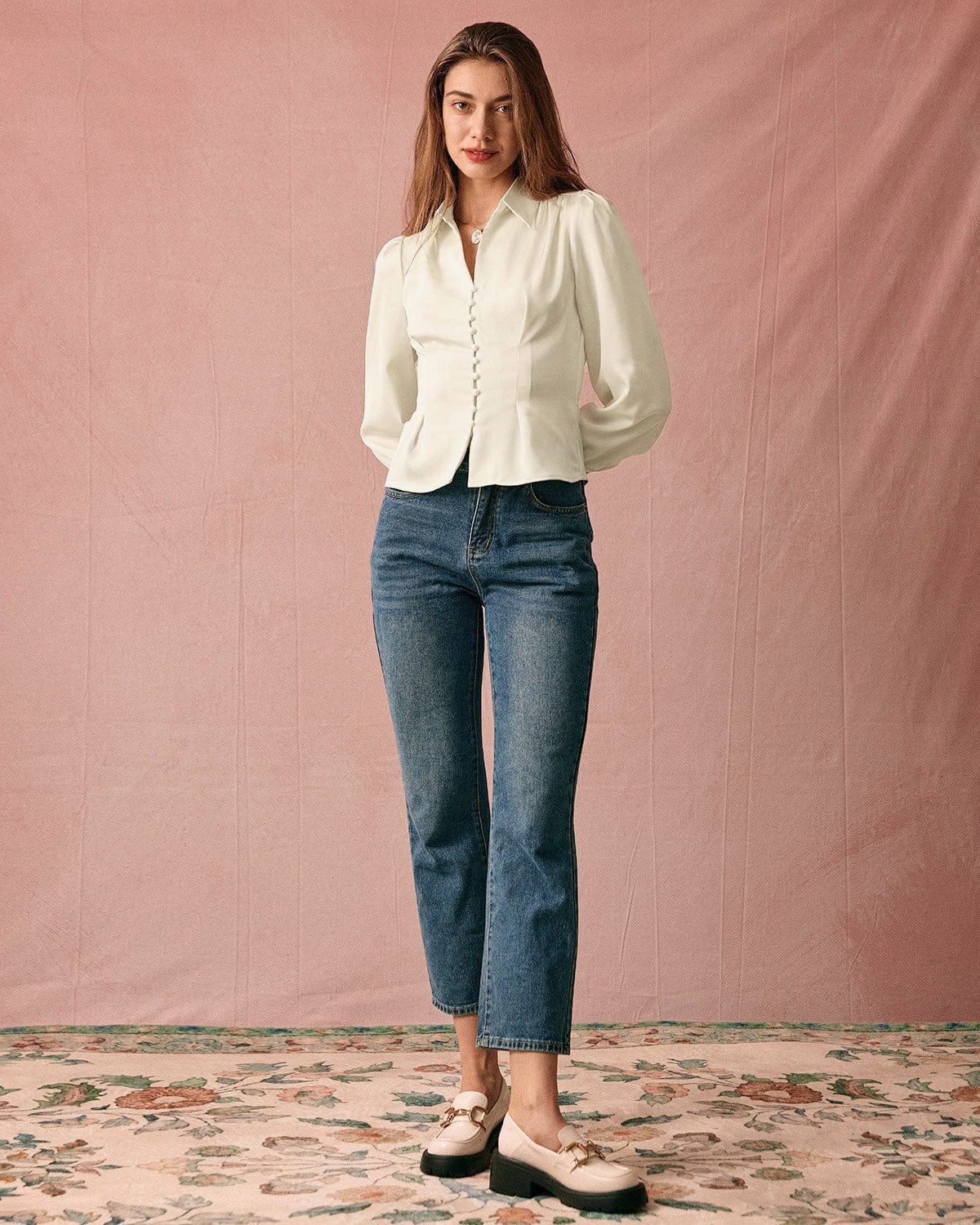 The Solid Collared Puff Sleeve Satin Blouse - Image 2